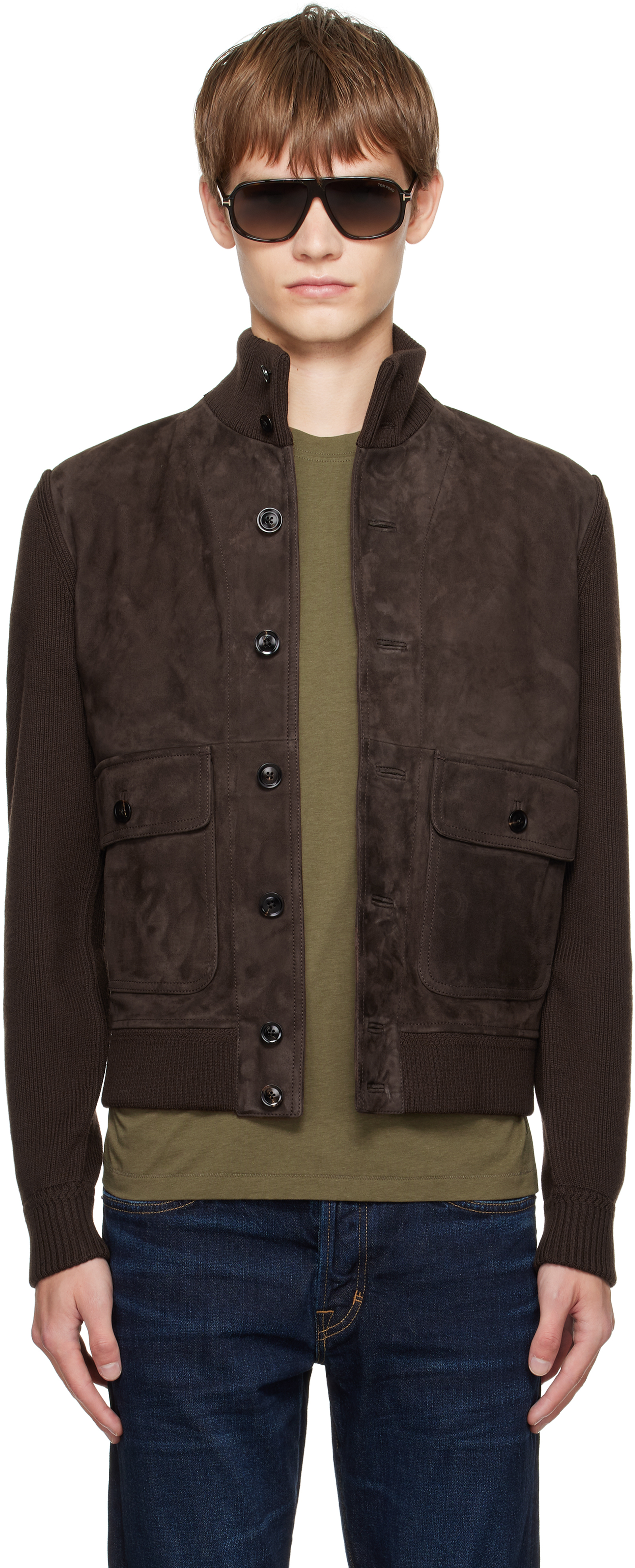 Tom Ford Brown Suede Front Merino Leather Jacket In Multi