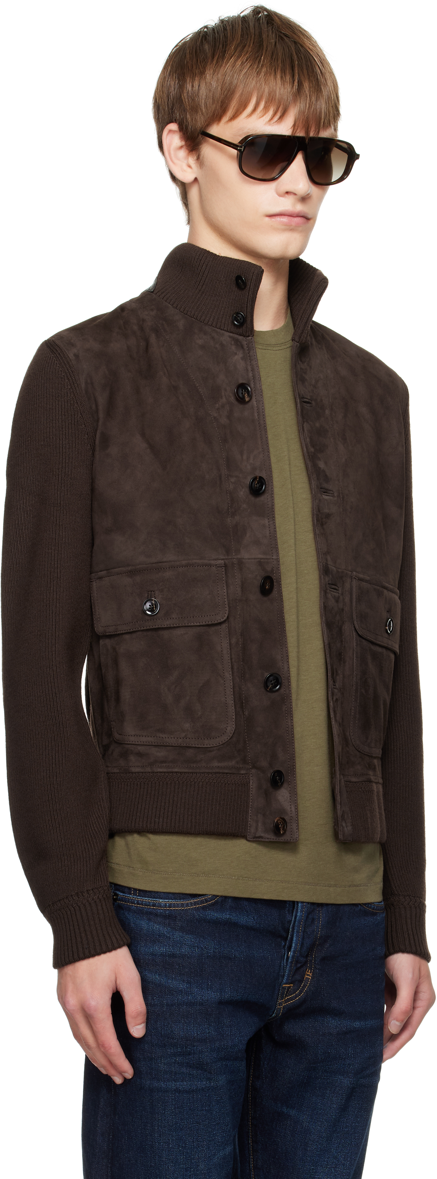 Tom Ford Brown Suede Front Merino Leather Jacket In Multi