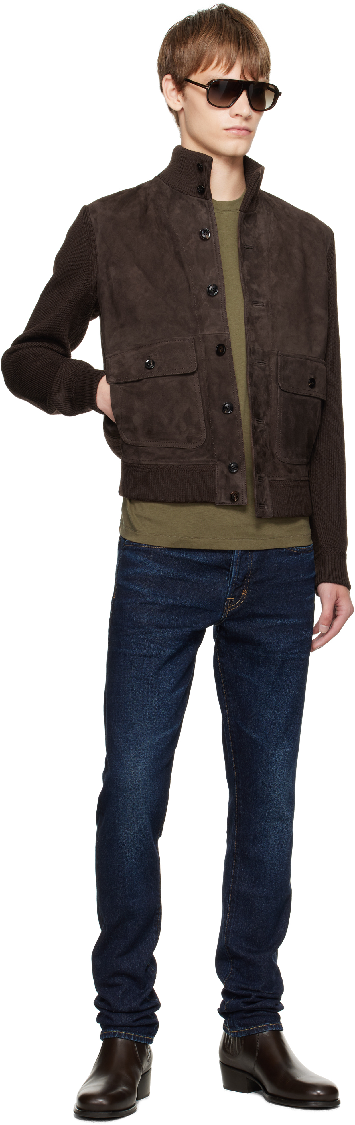 Tom Ford Brown Suede Front Merino Leather Jacket In Multi