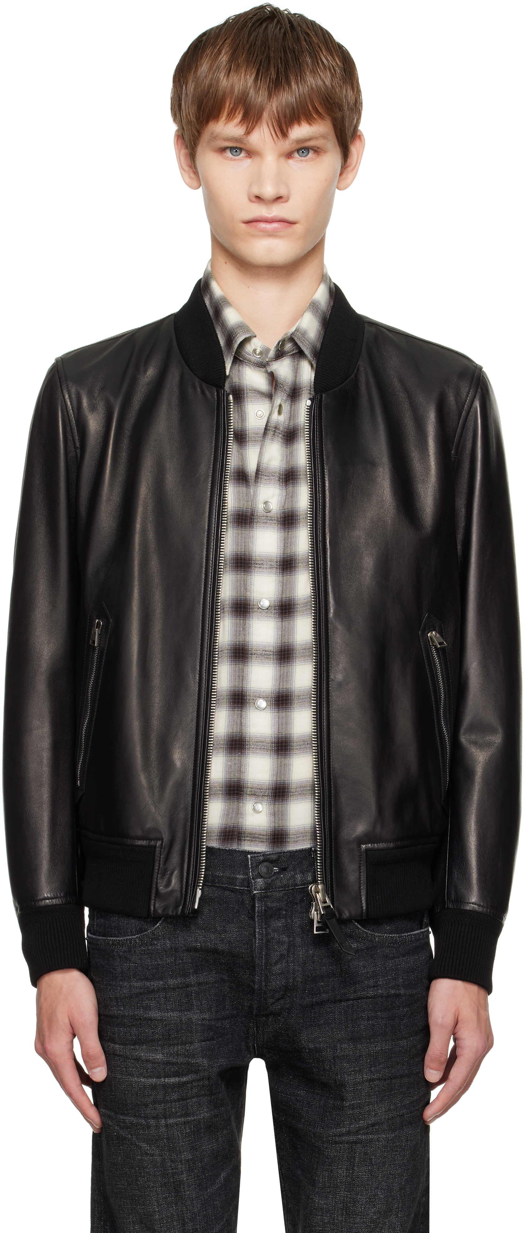 Tom Ford Black Shiny Nappa Plonge Leather Jacket In Multi