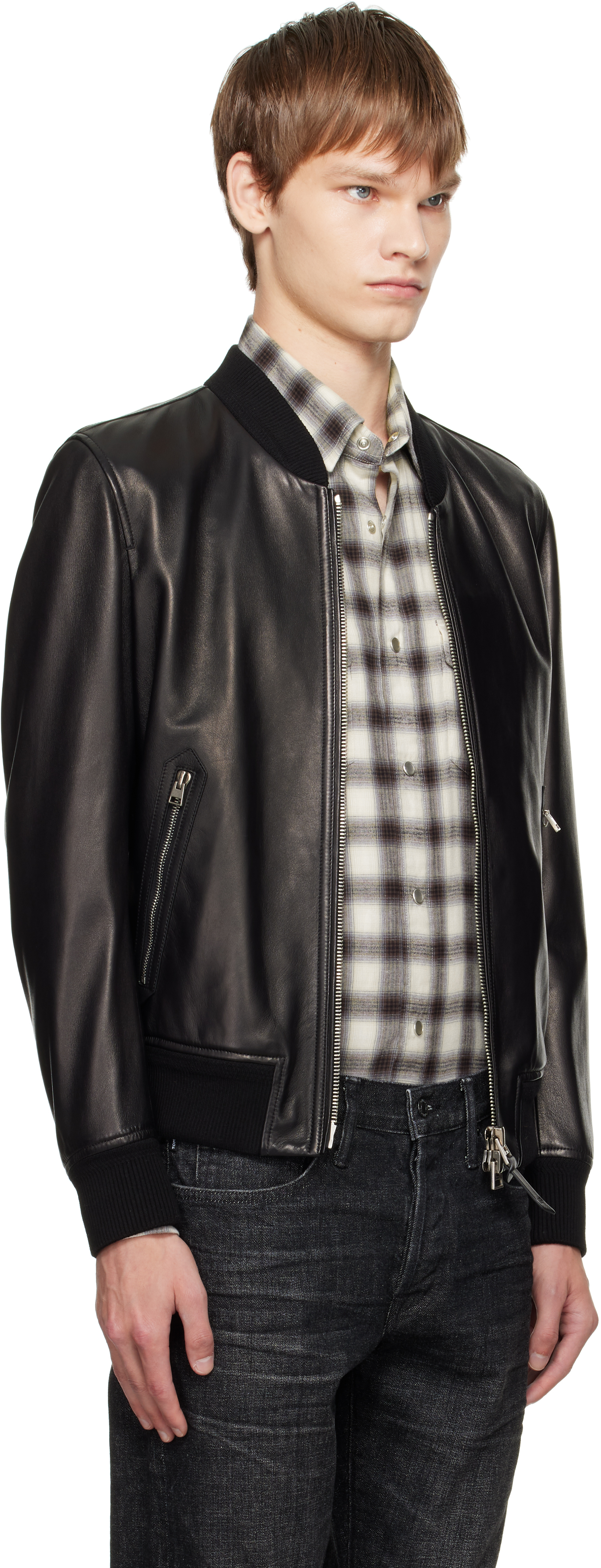Tom Ford Black Shiny Nappa Plonge Leather Jacket In Multi