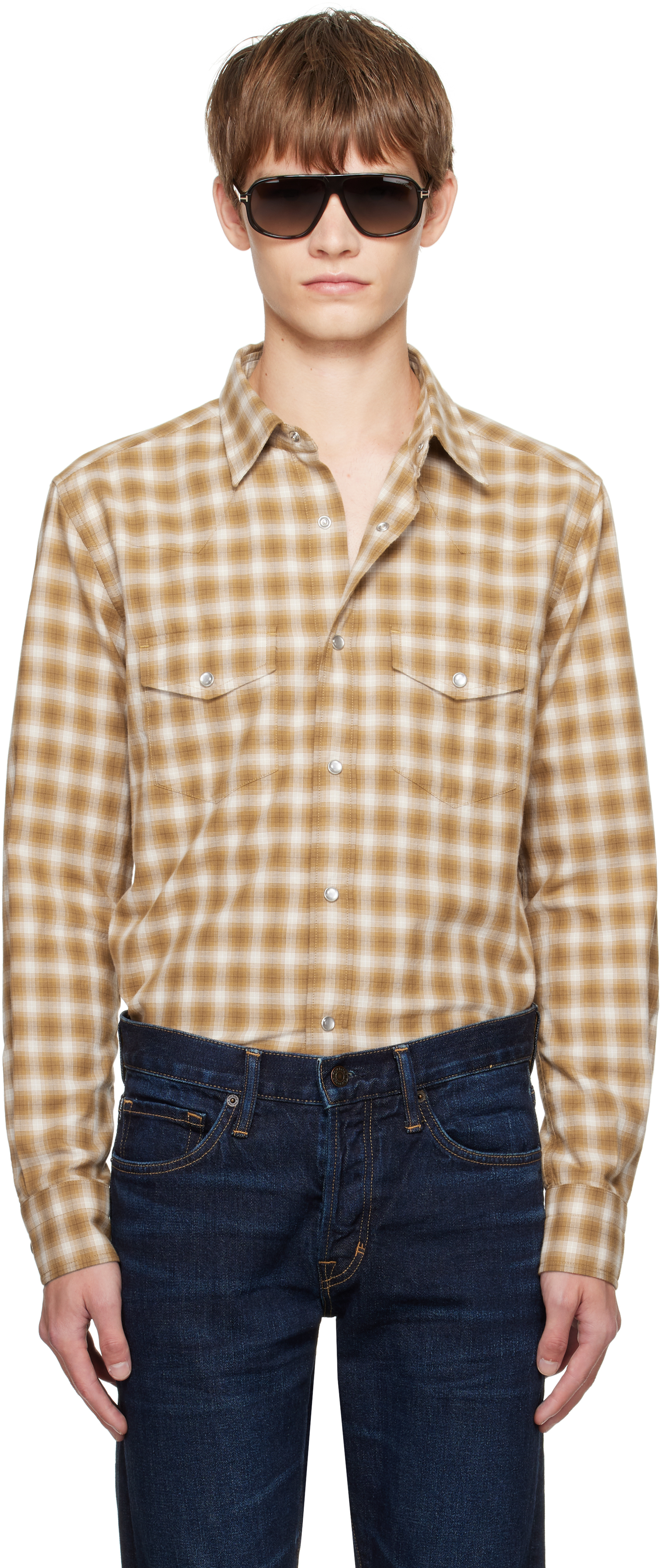 Tom Ford Tan Check Western Shirt In Brown