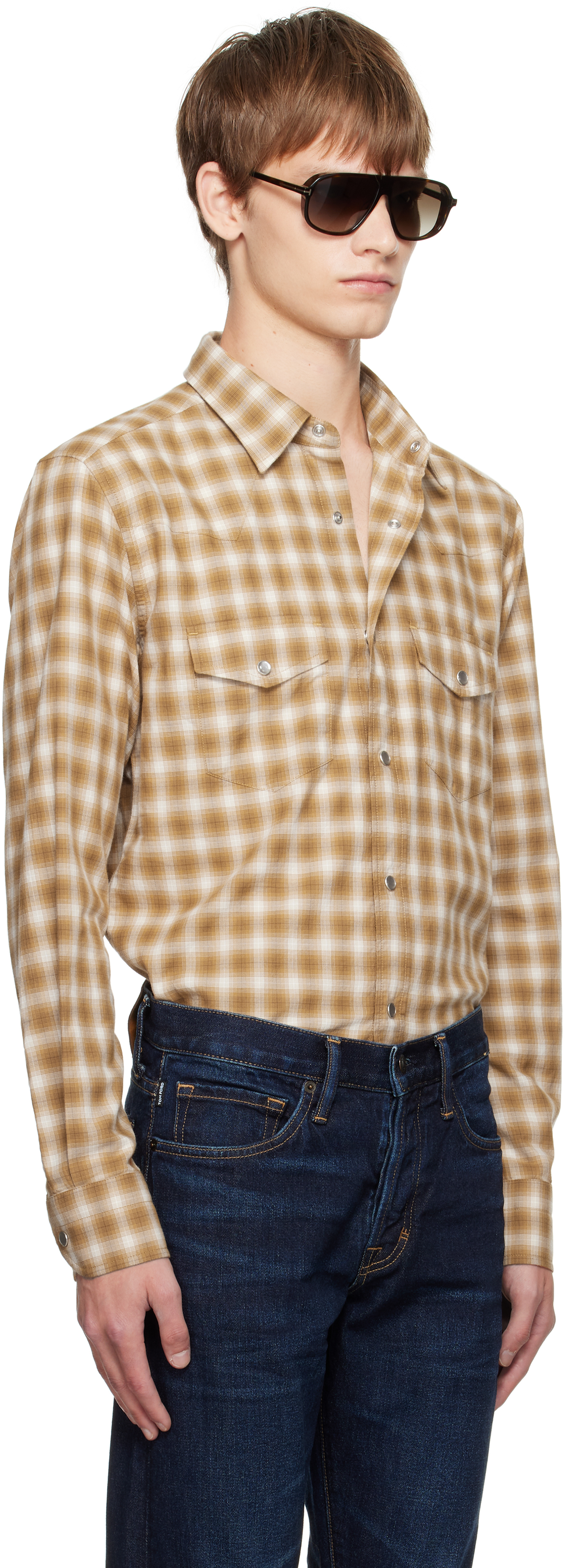 Tom Ford Tan Check Western Shirt In Brown