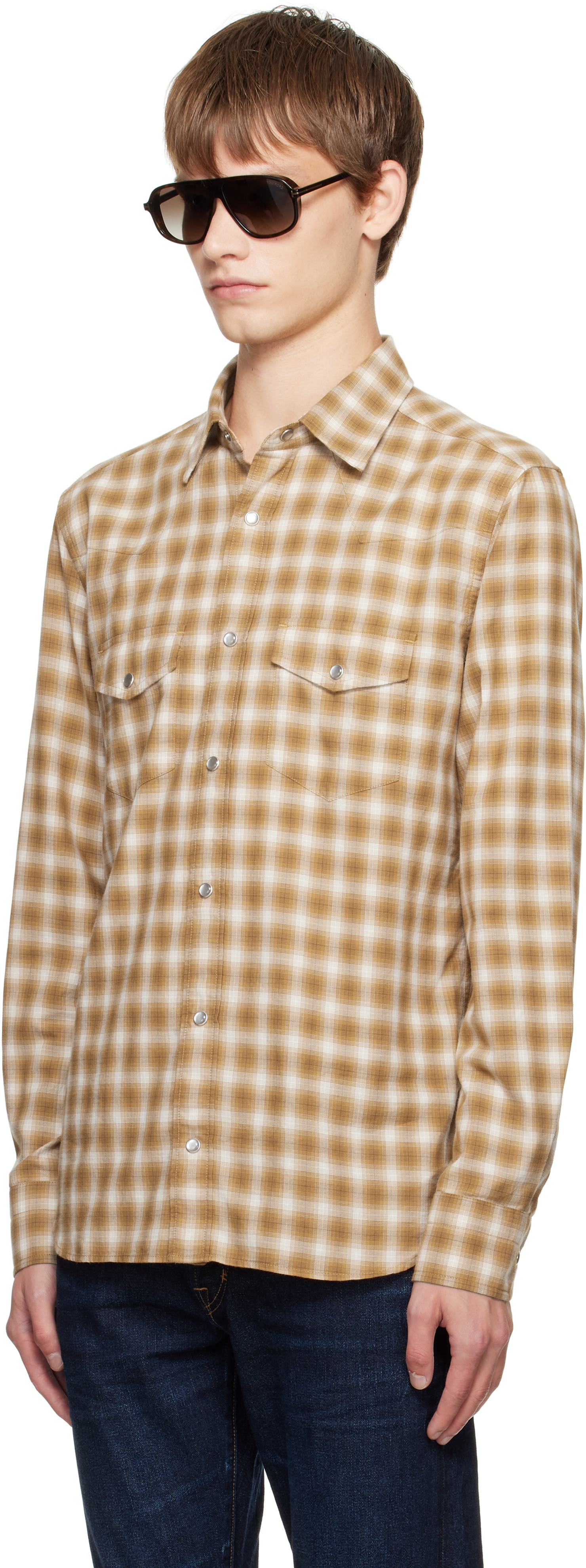 Tom Ford Tan Check Western Shirt In Brown