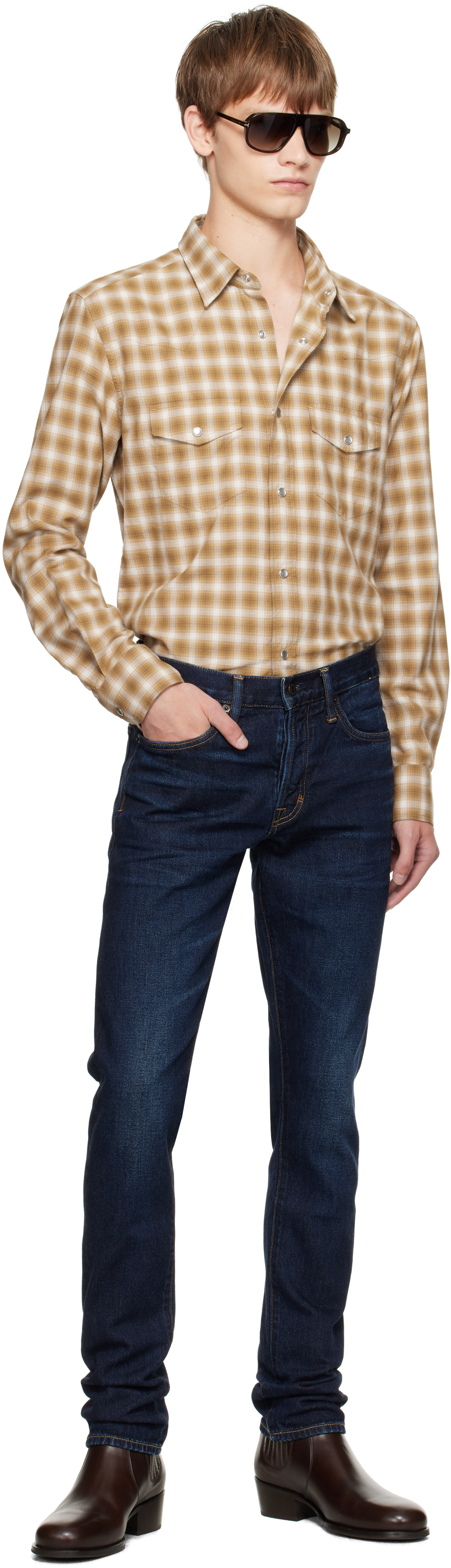 Tom Ford Tan Check Western Shirt In Brown