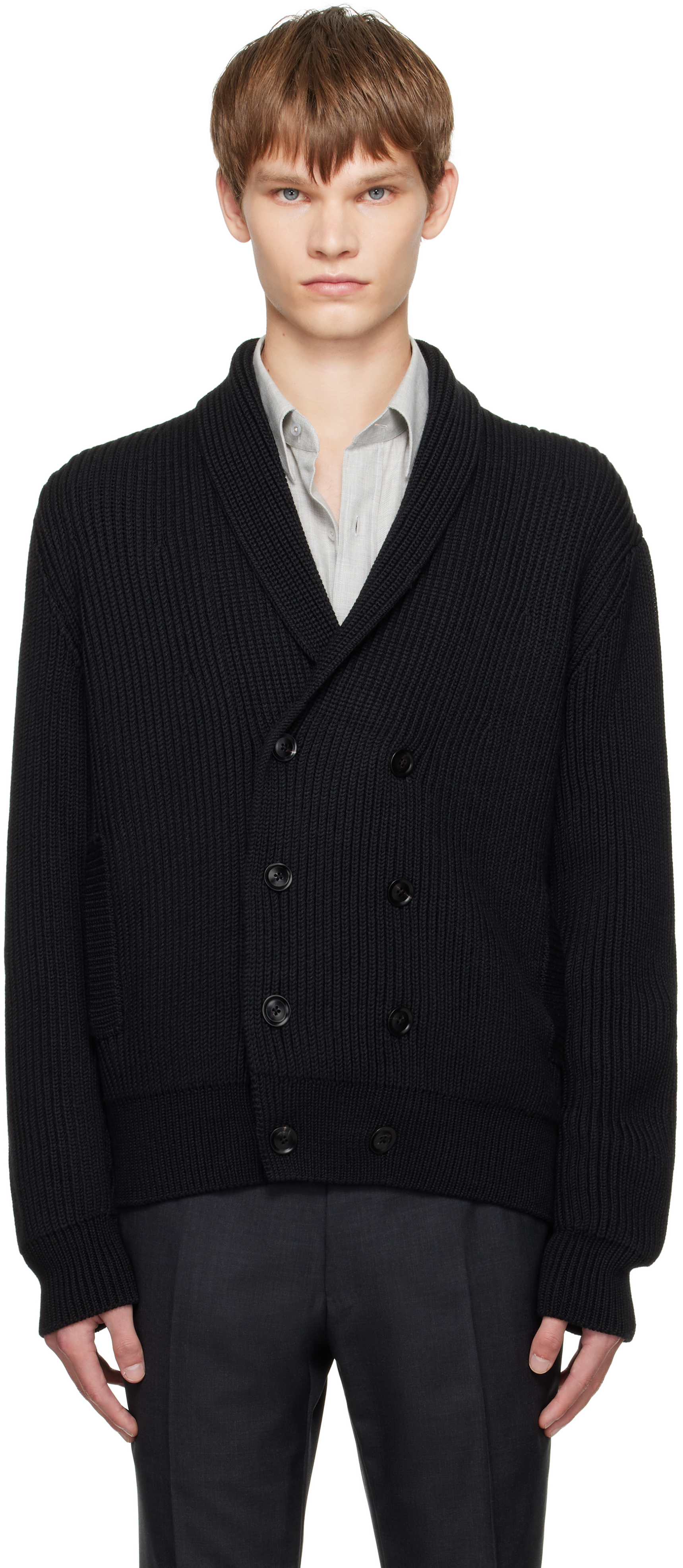 TOM FORD: Black Wool Silk Shawl Collar Cardigan | SSENSE