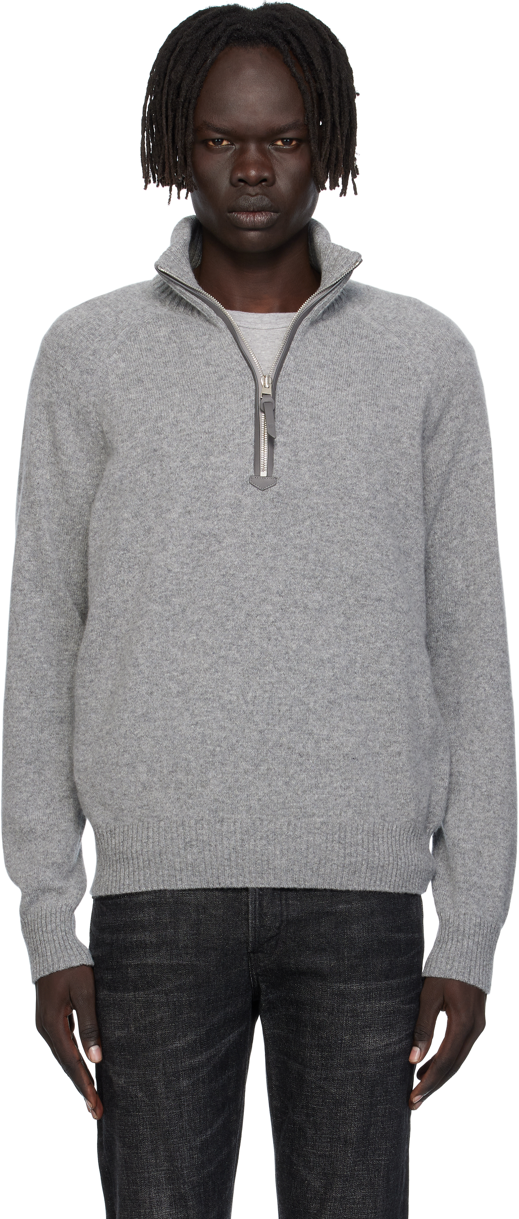 TOM FORD グレー クロップドニット TOM FORD: Gray Lambswool & Cashmere Half-Zip Sweater | SSENSE