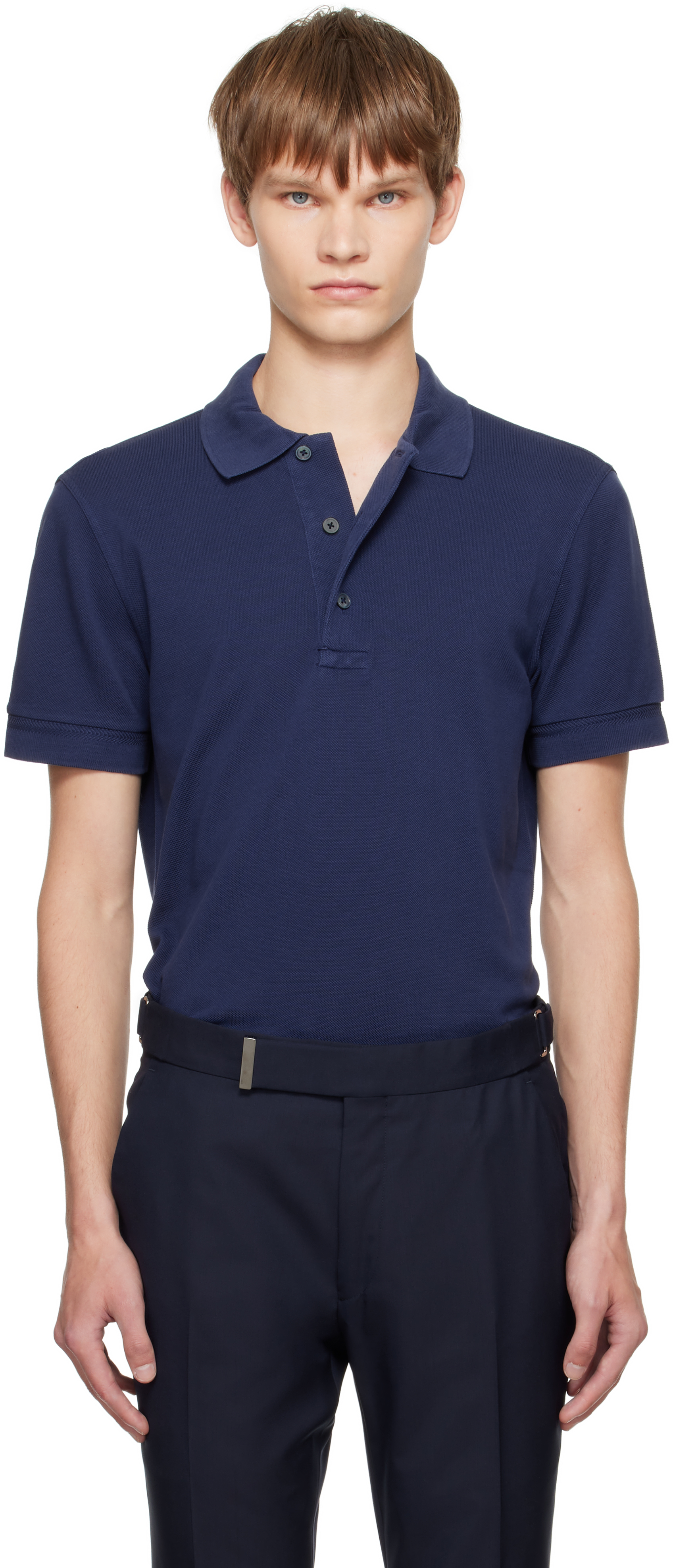 Tom Ford Textured Finish Navy Polo With Front Button Placket In Blue