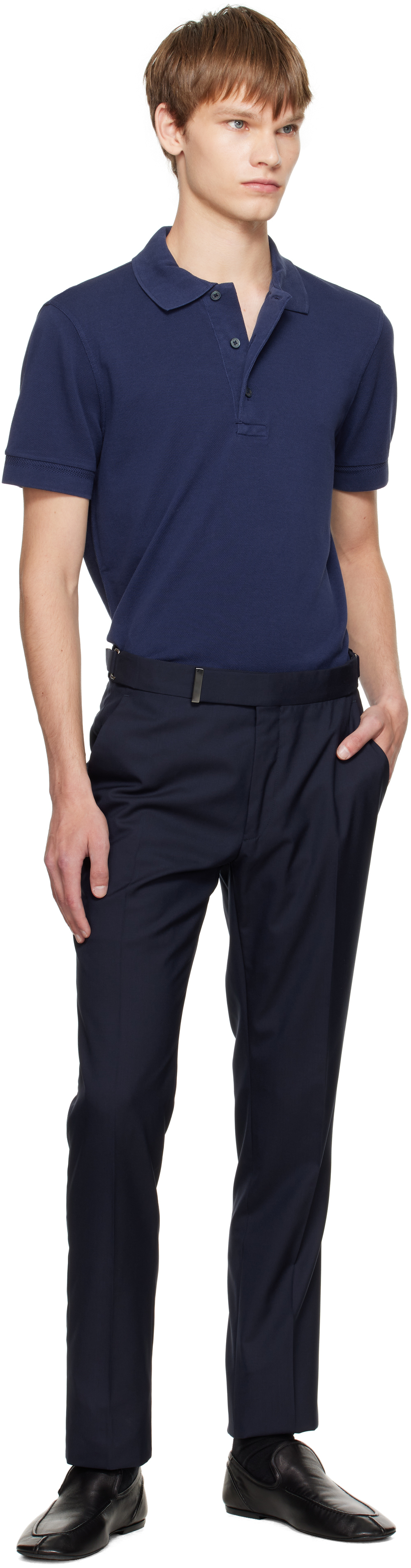 Tom Ford Textured Finish Navy Polo With Front Button Placket In Blue
