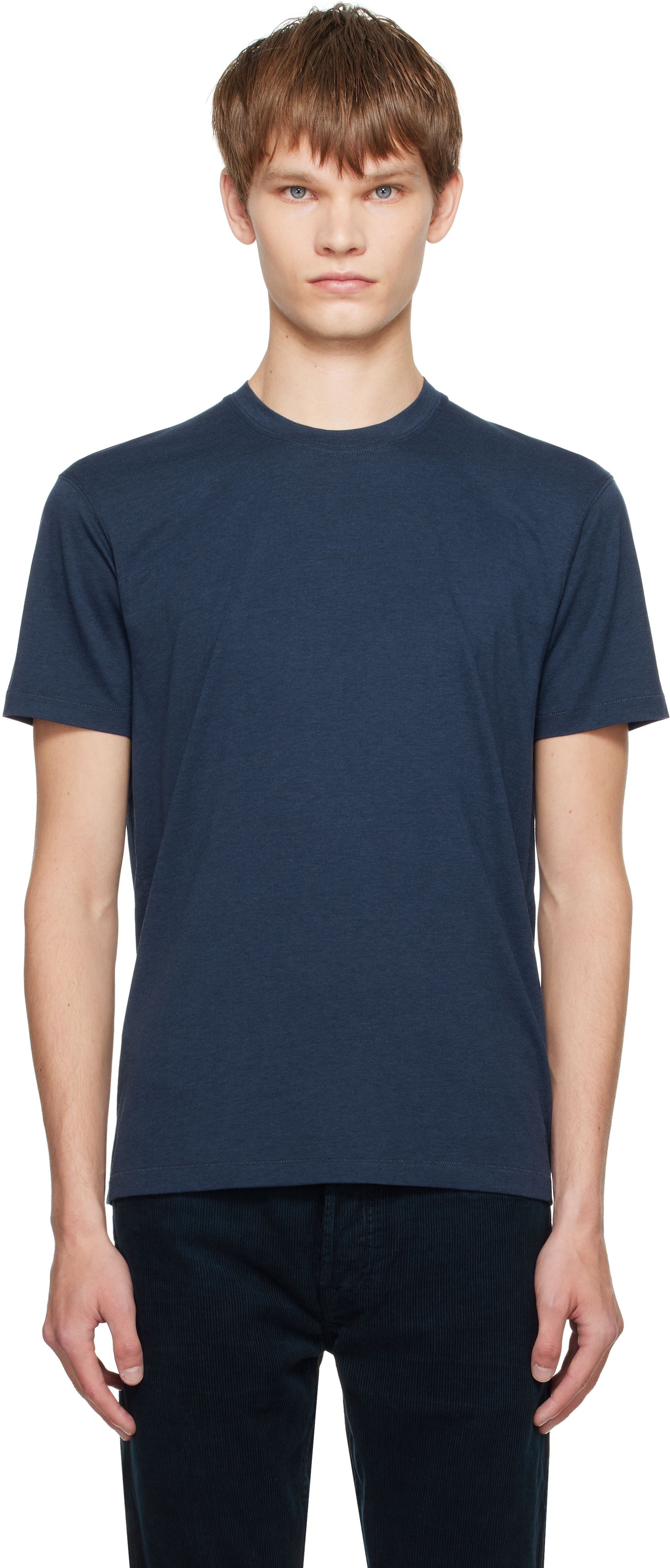 Tom Ford Navy Lyocell Cotton Crewneck T-shirt In Blue