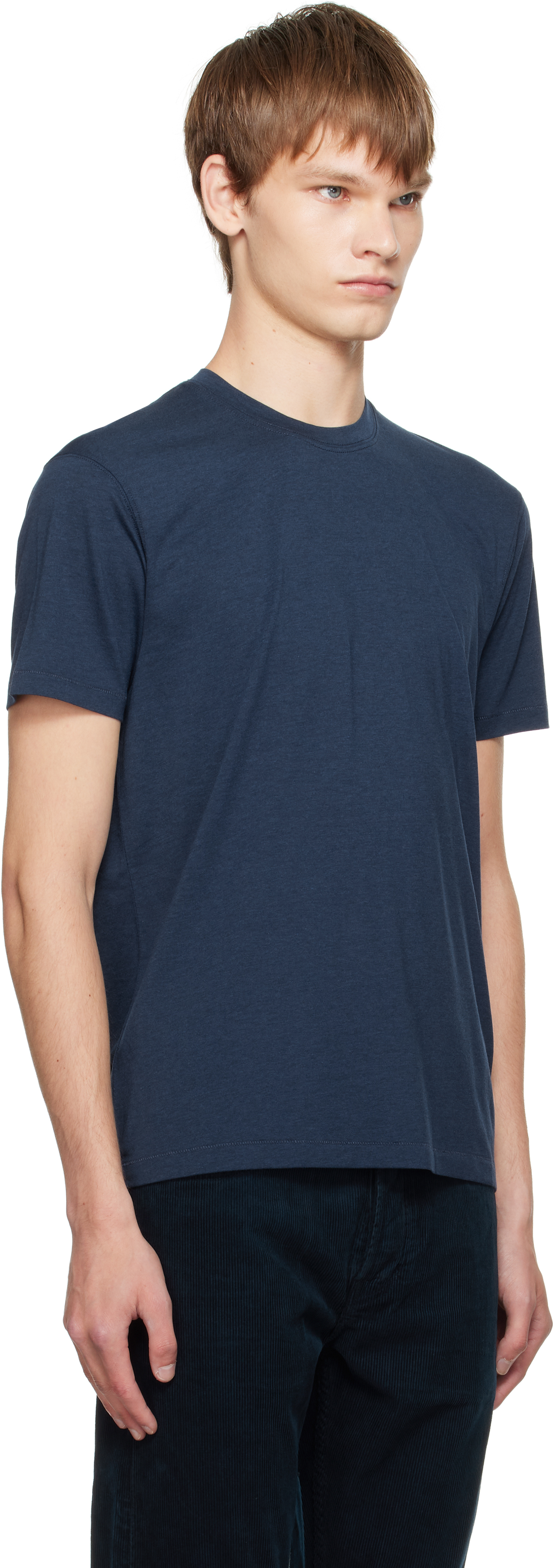 Tom Ford Navy Lyocell Cotton Crewneck T-shirt In Blue
