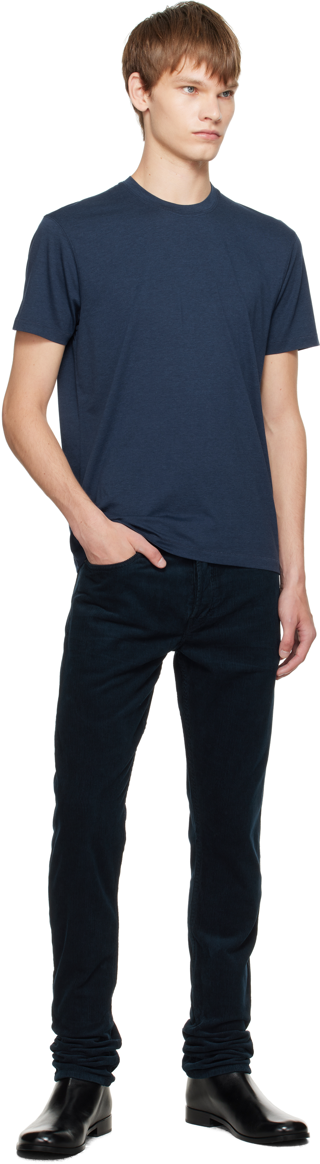 Tom Ford Navy Lyocell Cotton Crewneck T-shirt In Blue