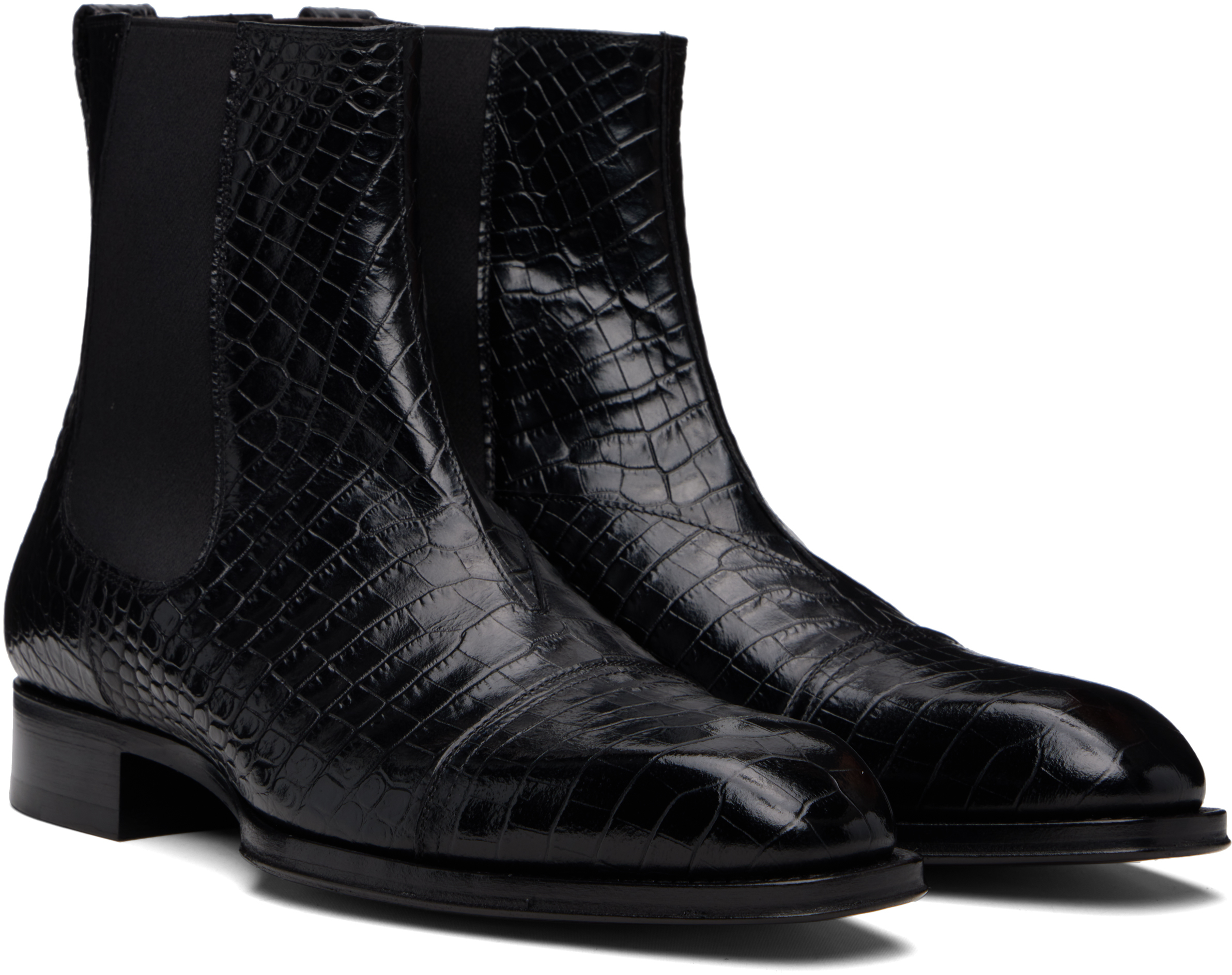 Tom Ford Black Shiny Printed Croc Elkan Chelsea Boots In Animal Print