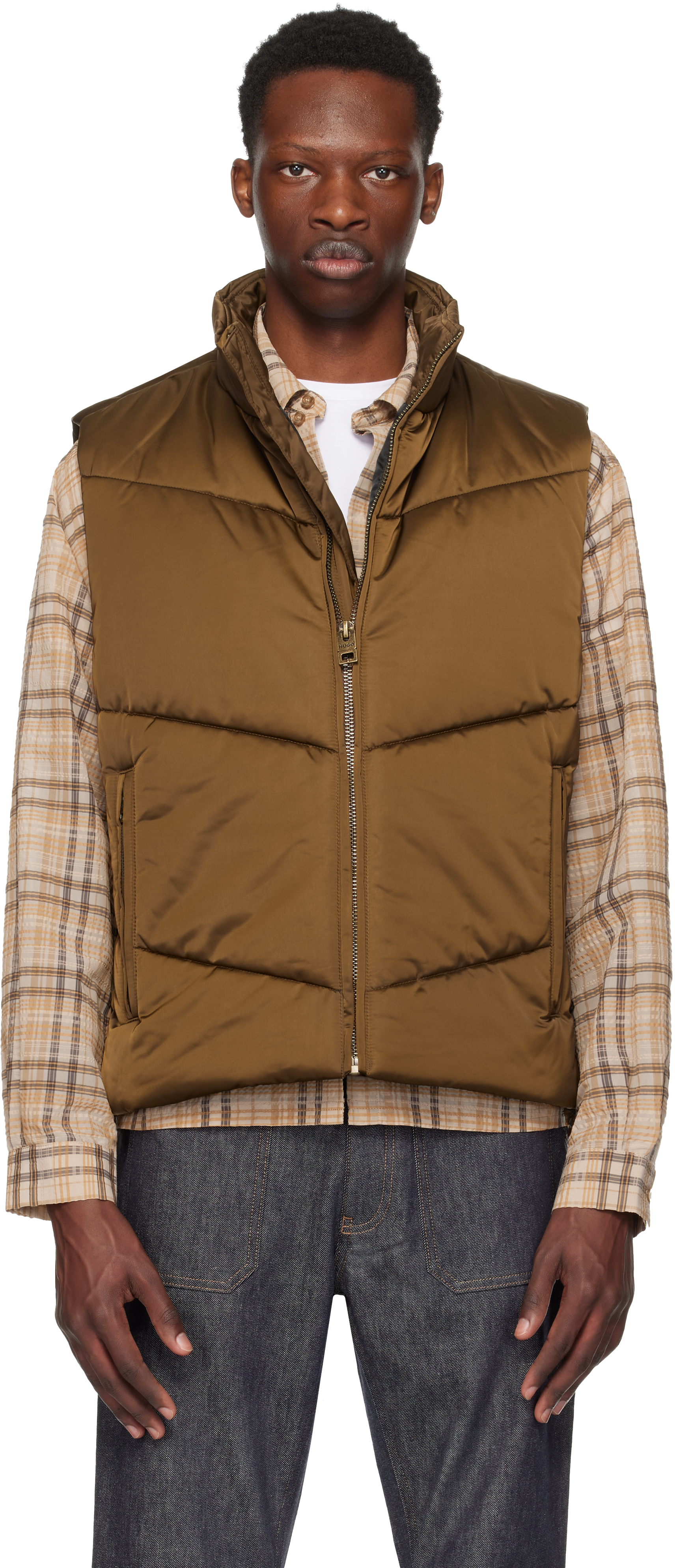 Hugo Boss Brown Water-repellent Padded Satin Vest