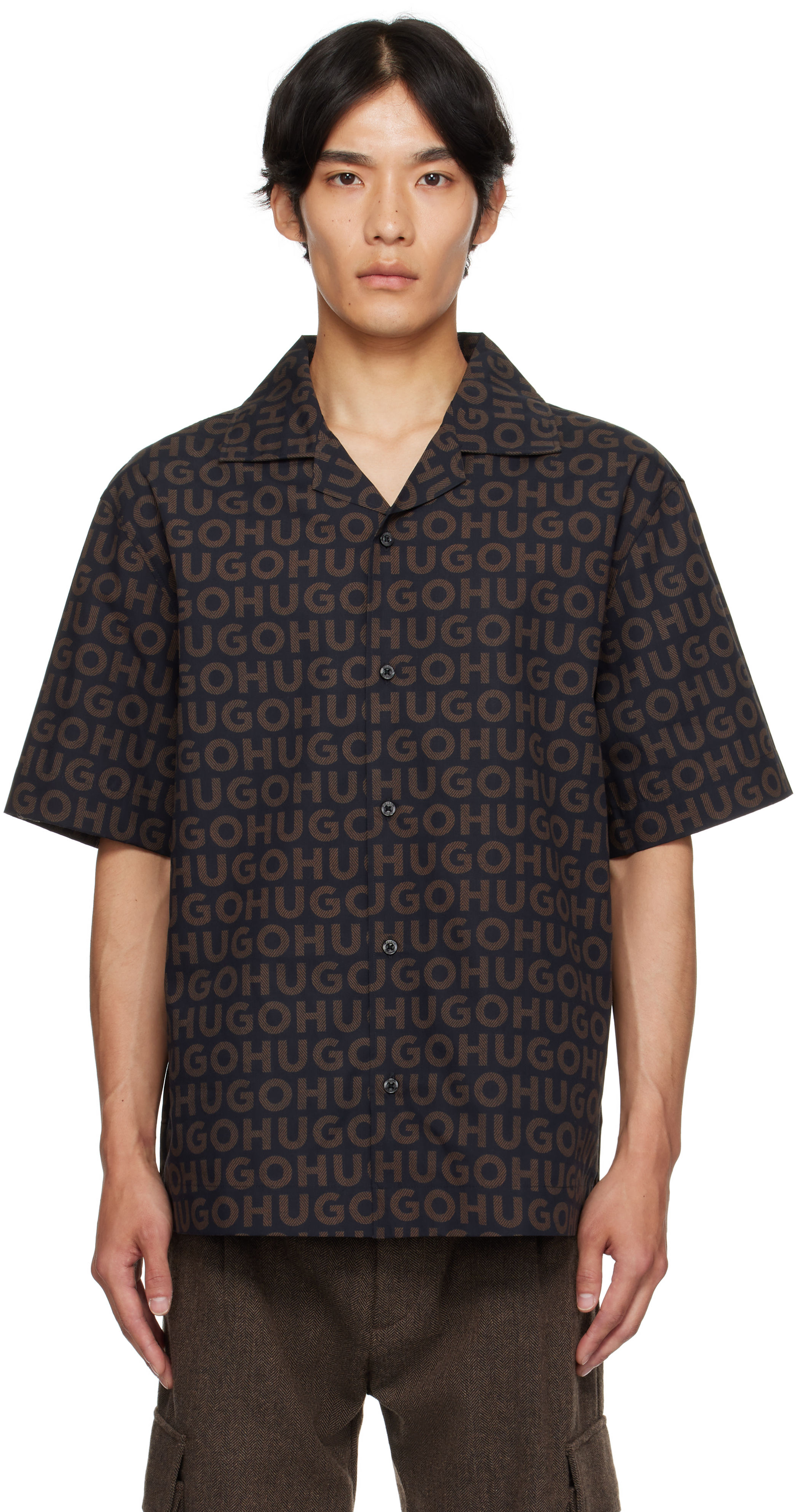 Black & Brown Oversize-Fit Printed Cotton Poplin Shirt