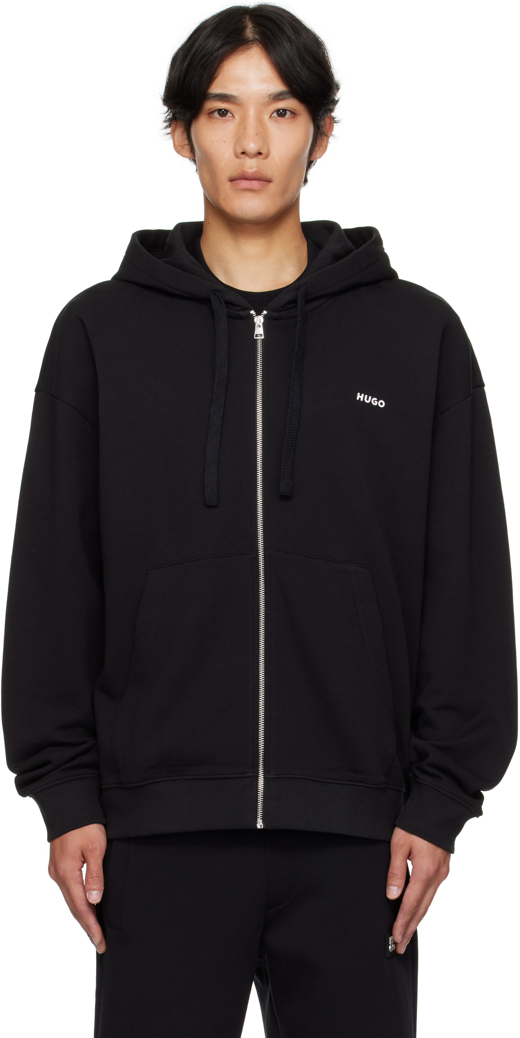 Black Relaxed-Fit Cotton Terry Zip-Up Hoodie