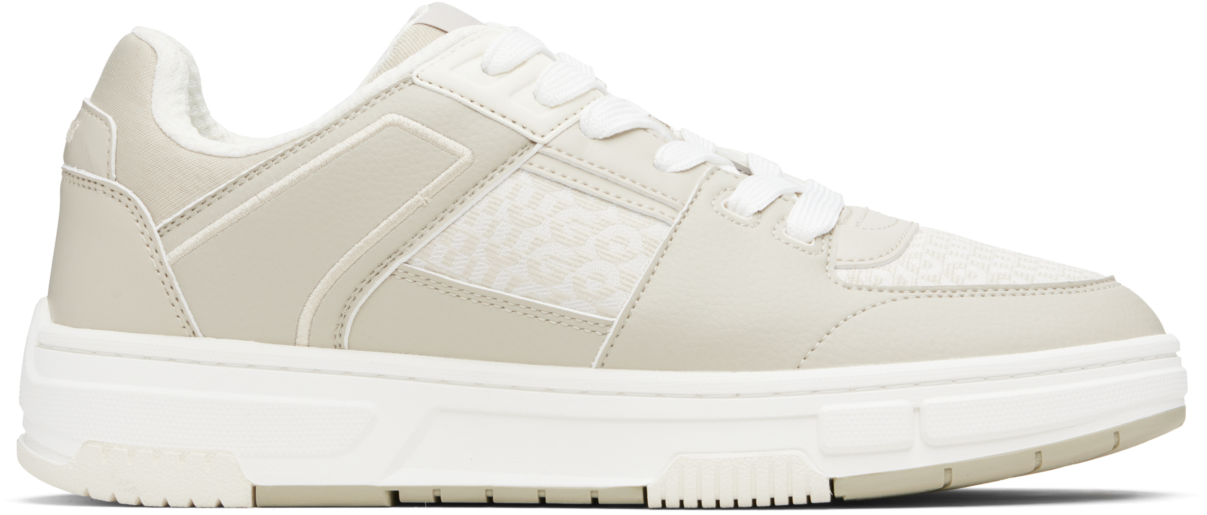 Beige Faux-Leather & Logo-Woven Sneakers