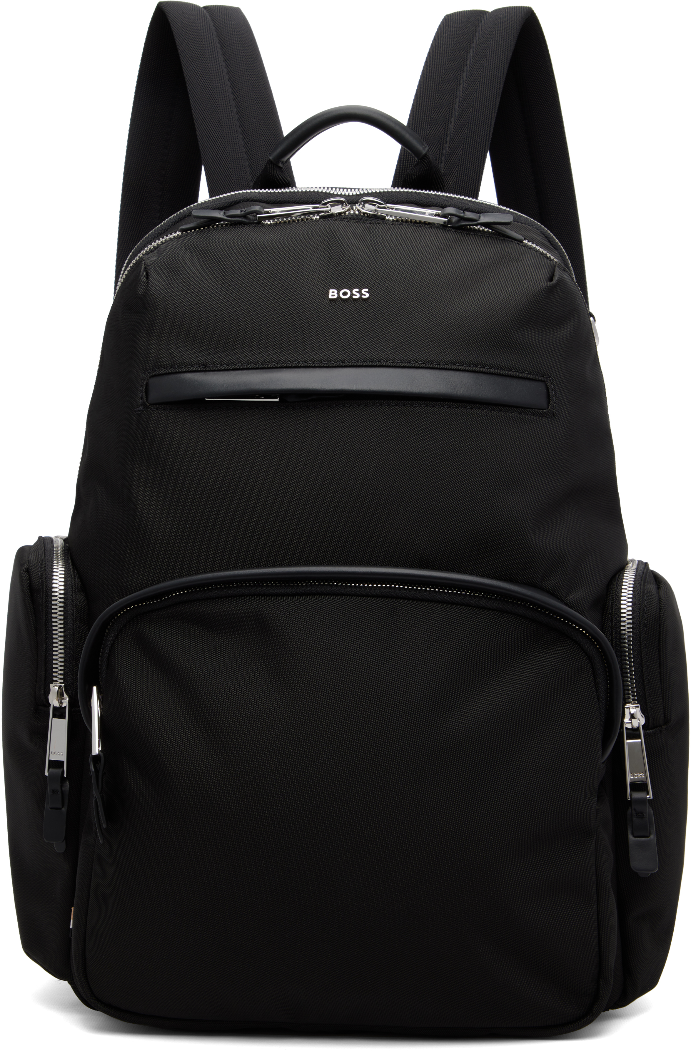 BOSS バックパック レザートリム＆ダブルジップ BOSS: ブラック レザートリム ダブルジップ バックパック | SSENSE 日本