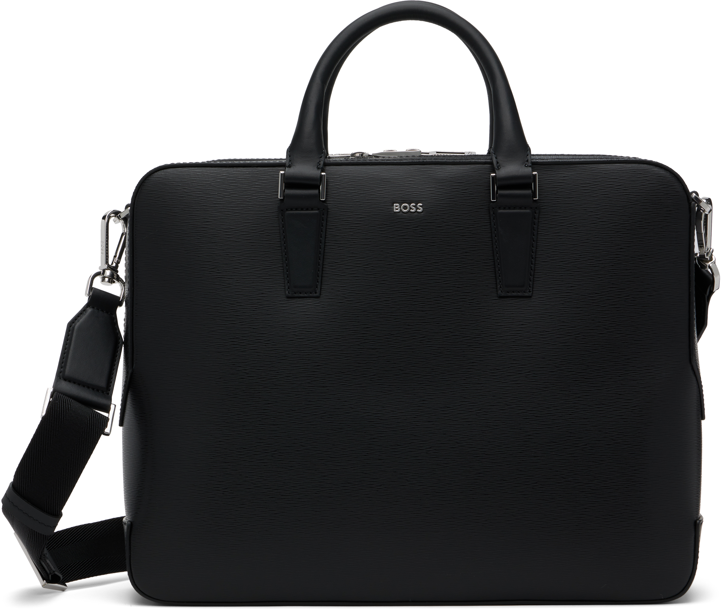 【関税込み】BOSS ブラック レザー ロゴ ブリーフケース BOSS: ブラック ストラクチャード ロゴ ブリーフケース | SSENSE