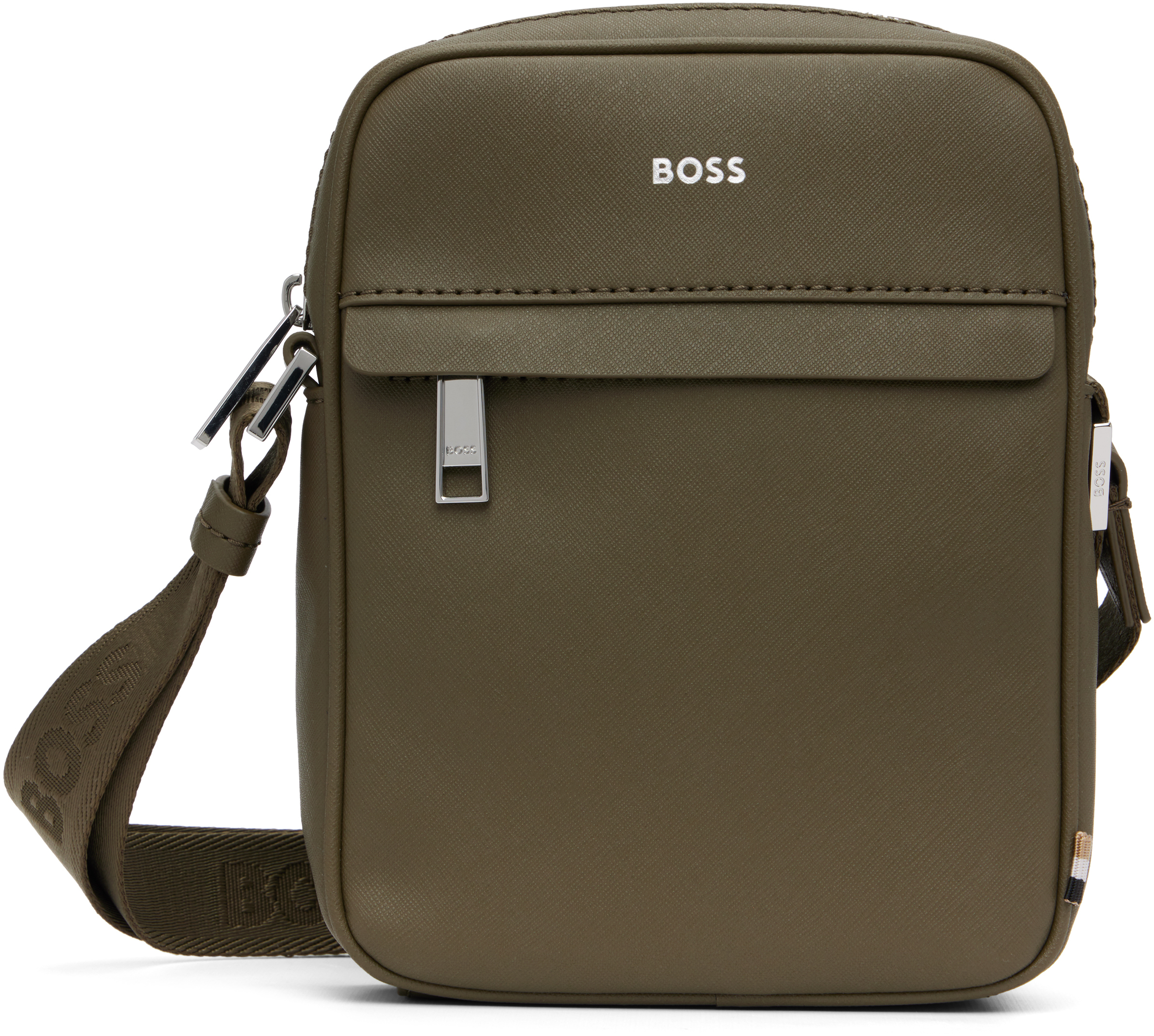 BOSS: カーキ Signature Stripe Logo Detail リポーターバッグ