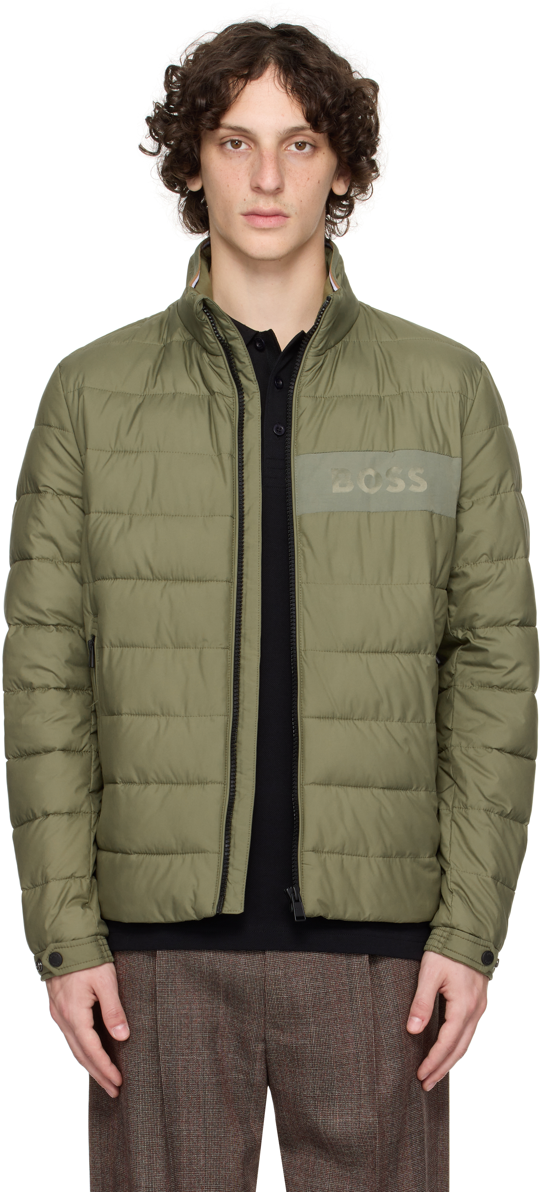 Khaki Water-Repellent Regular-Fit Logo Puffer Jacket