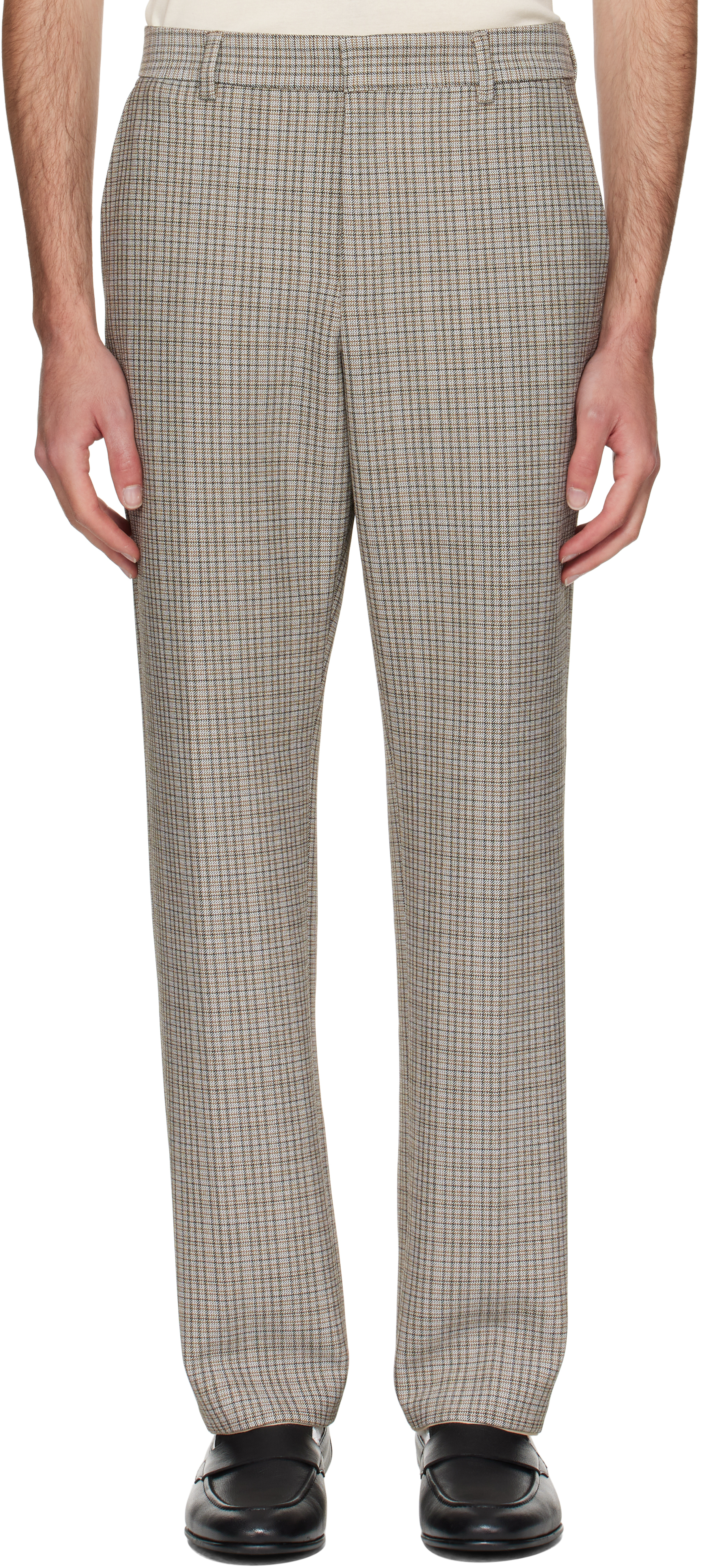 Beige Relaxed-Fit Checked Stretch Fabric Trousers