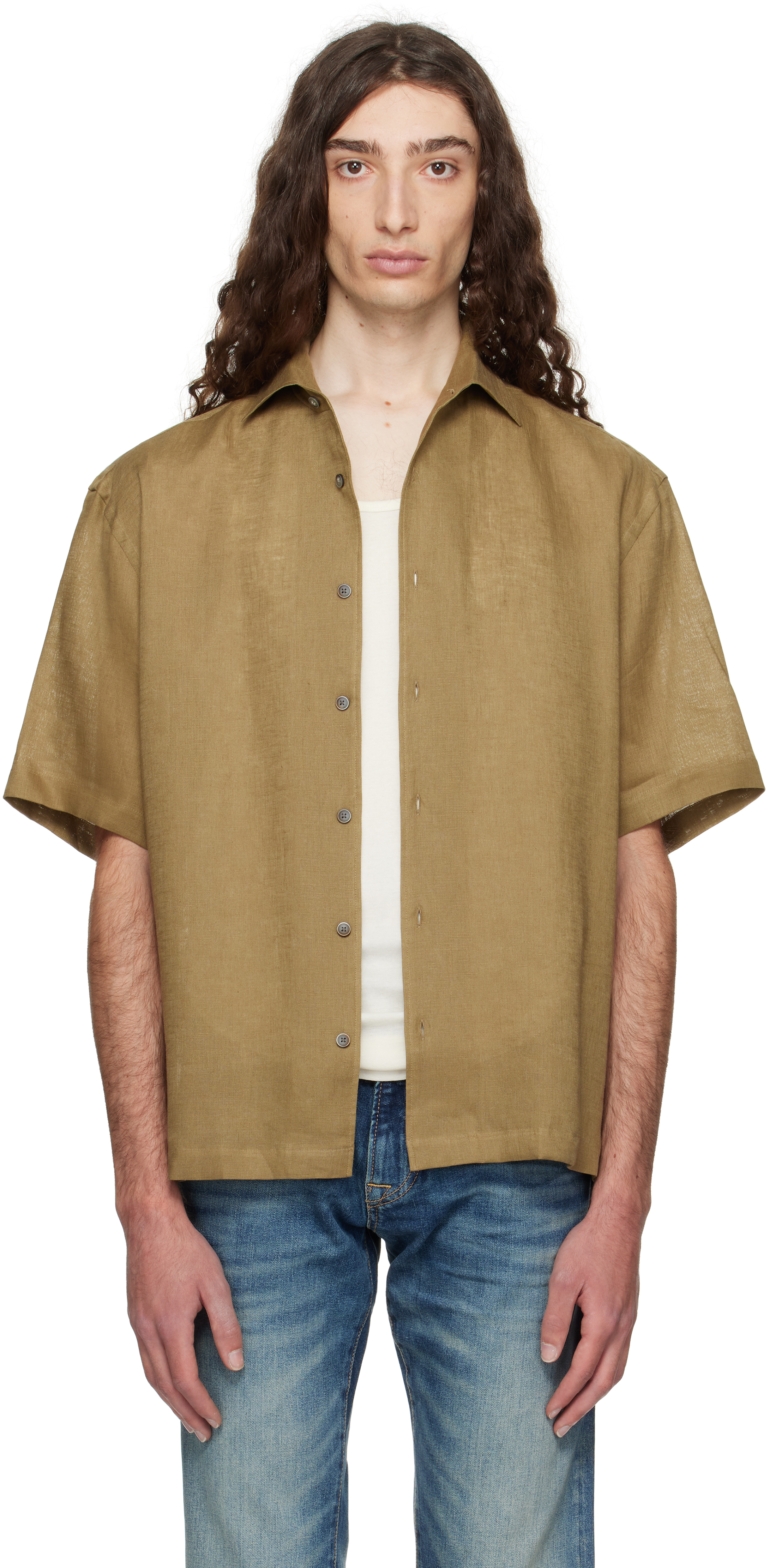 Khaki BECKHAM Edition Relaxed-Fit Linen Shirt