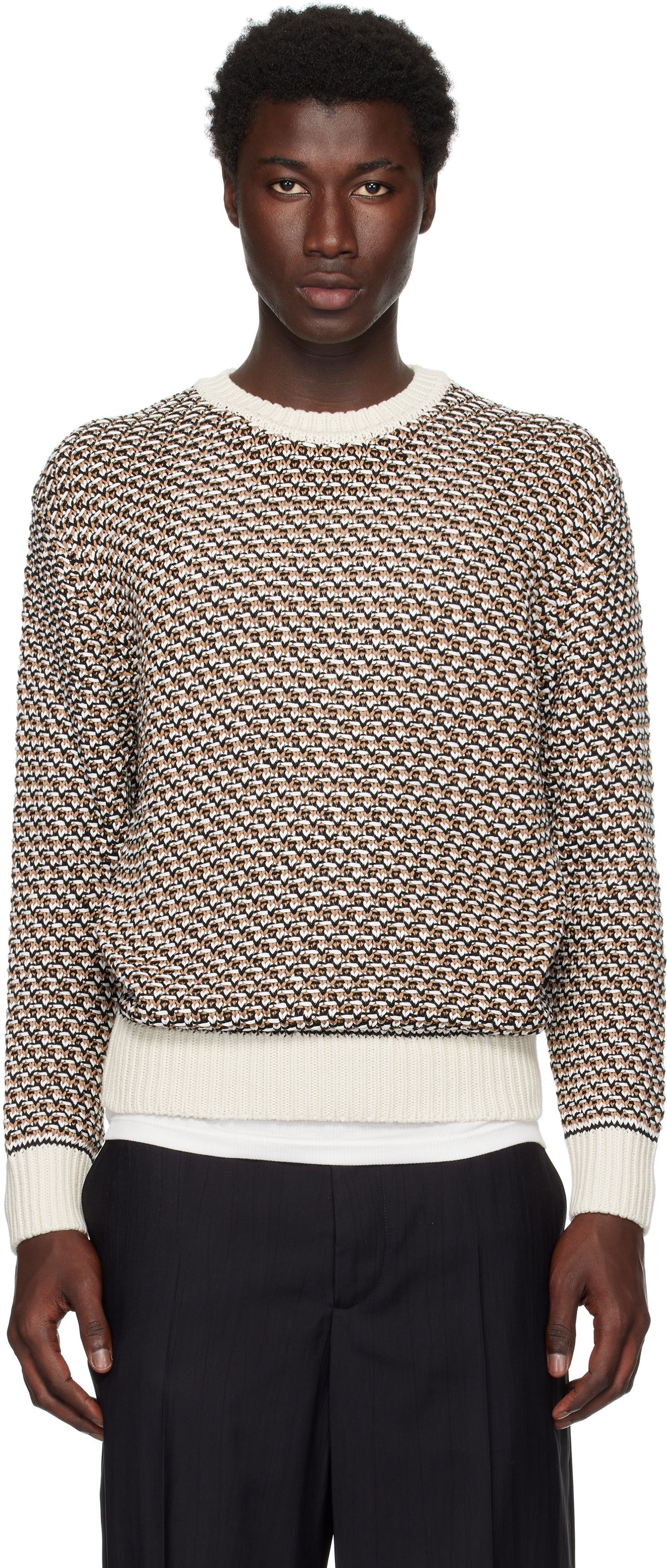 BOSSのベージュ Cotton Rich Knitted Structure セーターがセール中