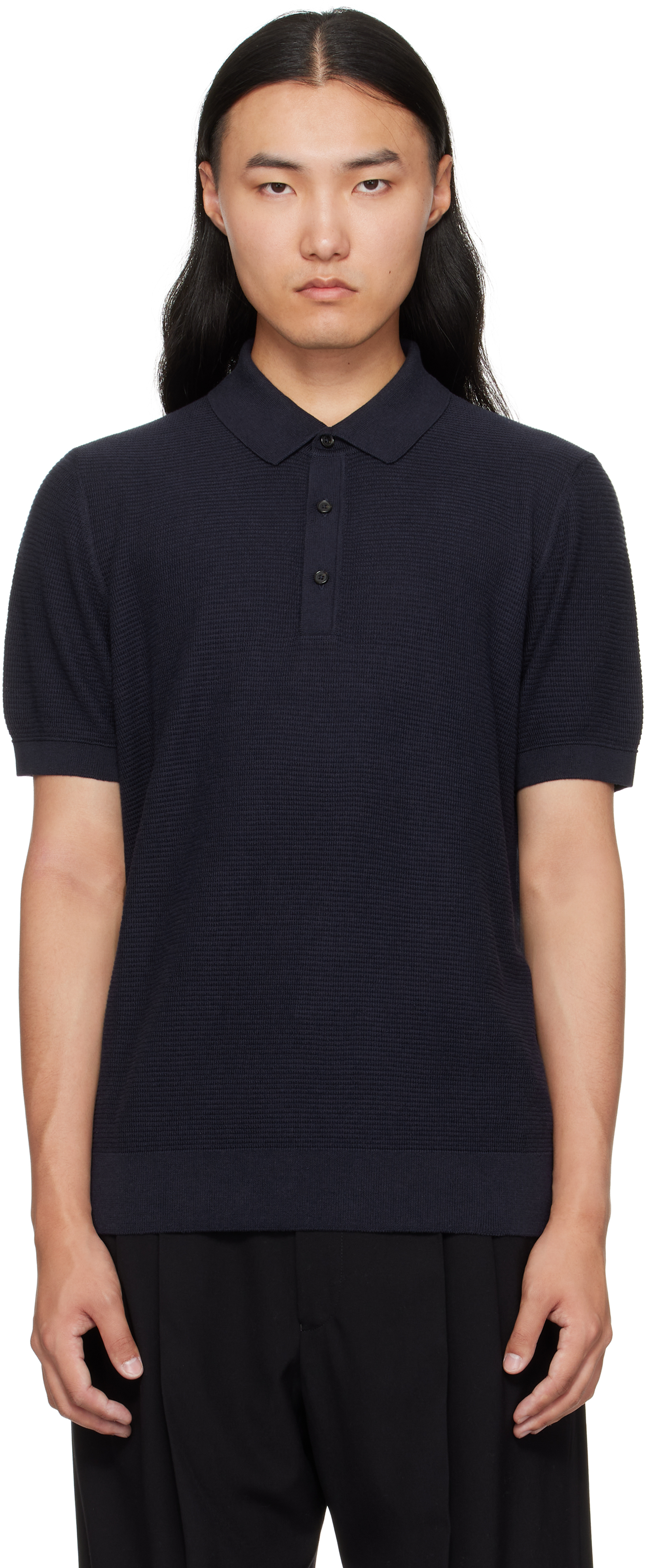 Hugo Boss Navy Open Knit Polo In Blue