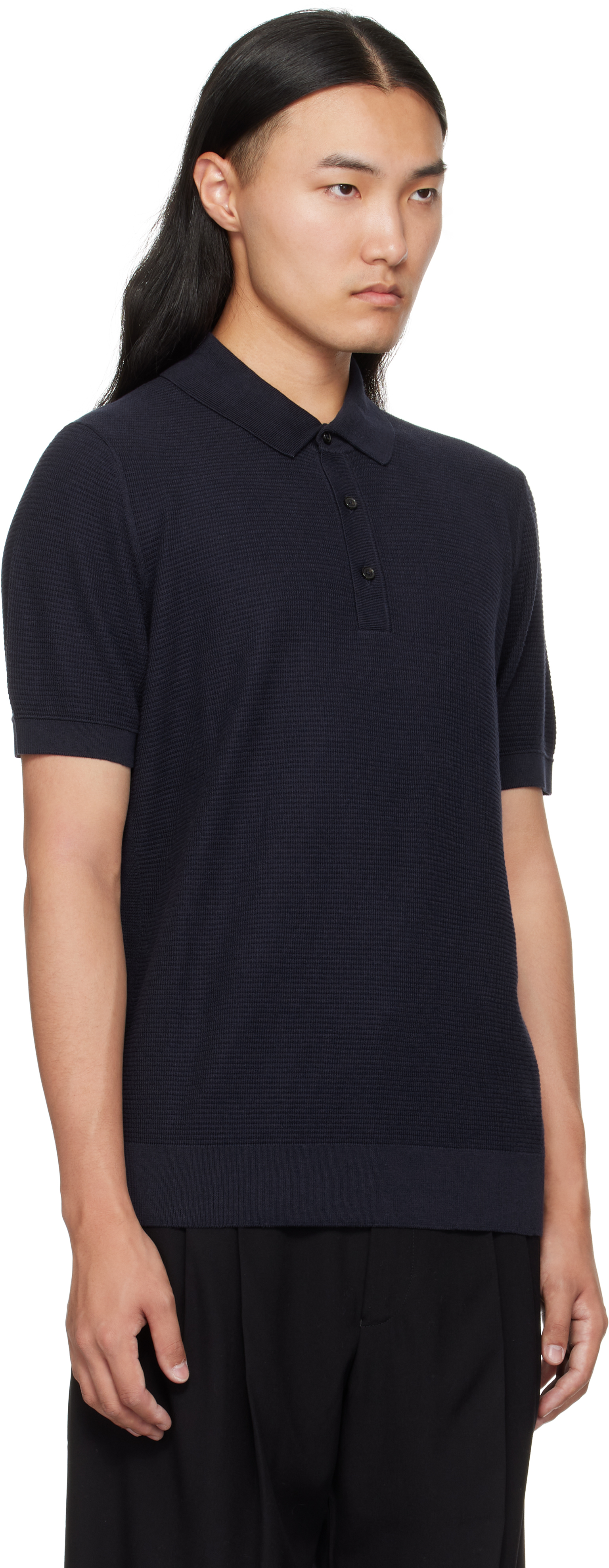 Hugo Boss Navy Open Knit Polo In Blue