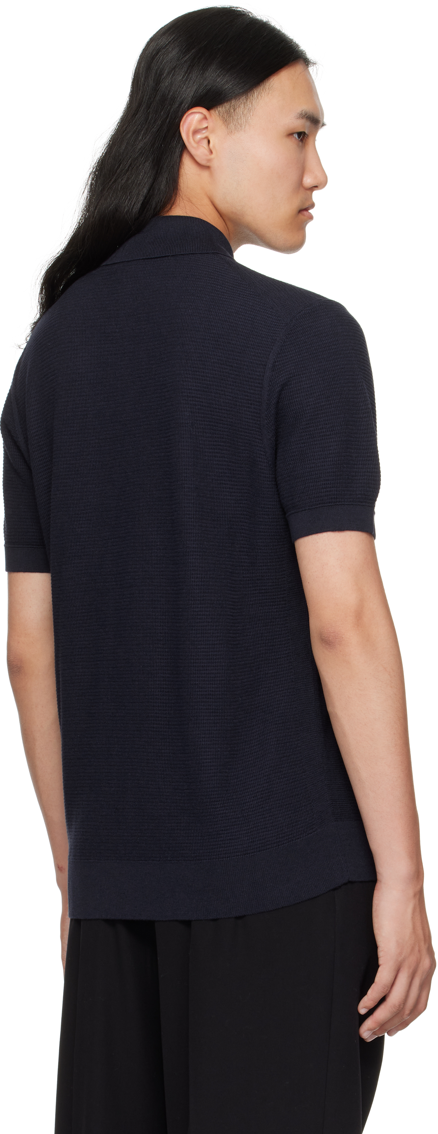 Hugo Boss Navy Open Knit Polo In Blue