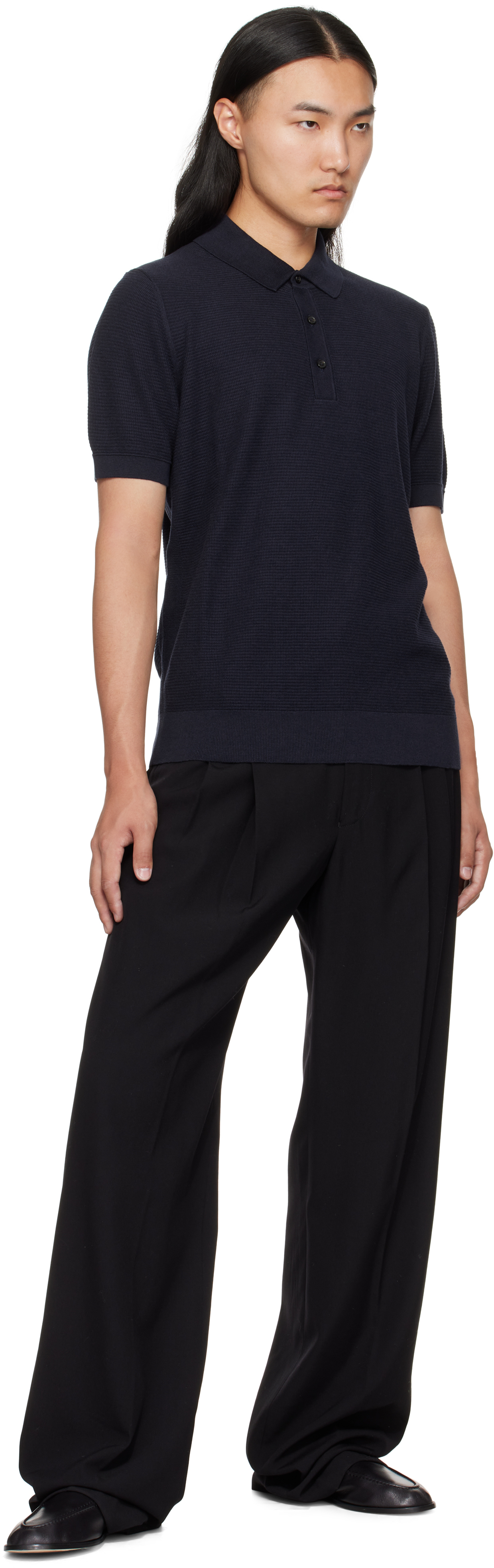 Hugo Boss Navy Open Knit Polo In Blue
