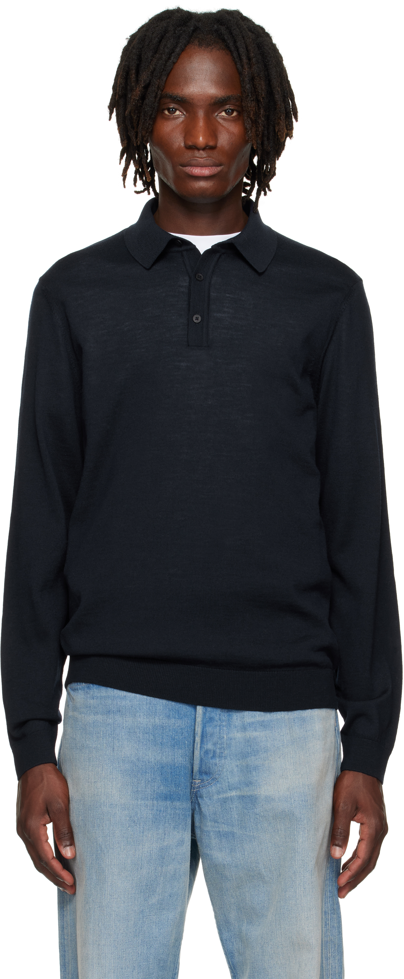 Navy Long-Sleeved Virgin Wool Polo