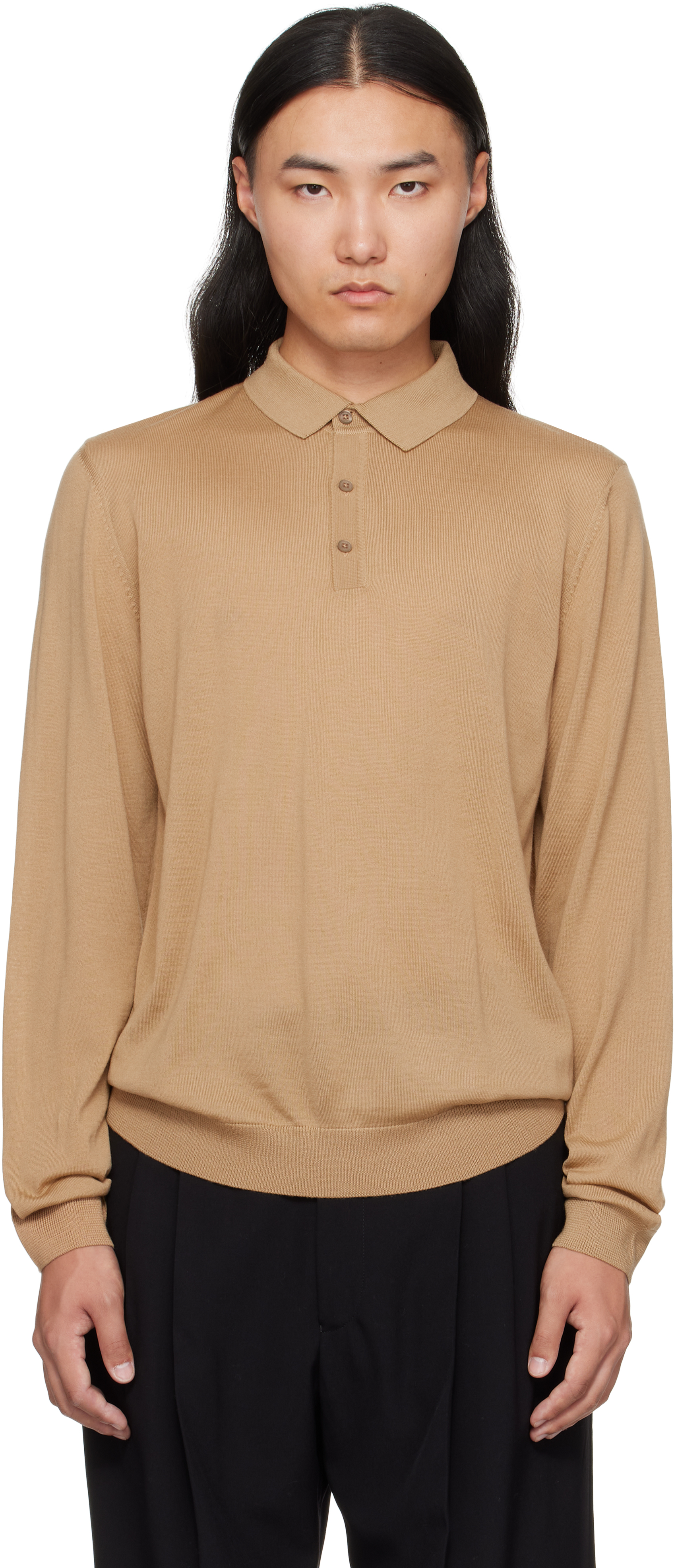 Hugo Boss Tan Long-sleeved Virgin Wool Polo In Brown