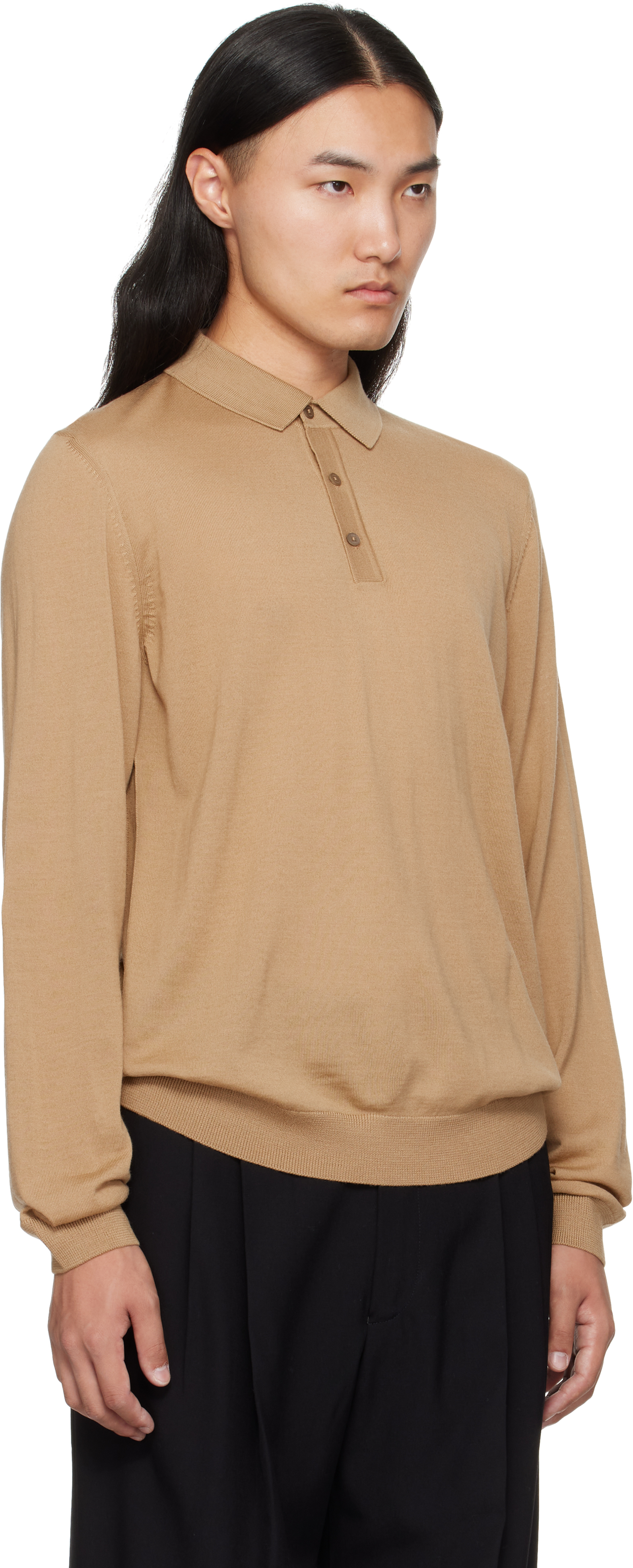 Hugo Boss Tan Long-sleeved Virgin Wool Polo In Brown