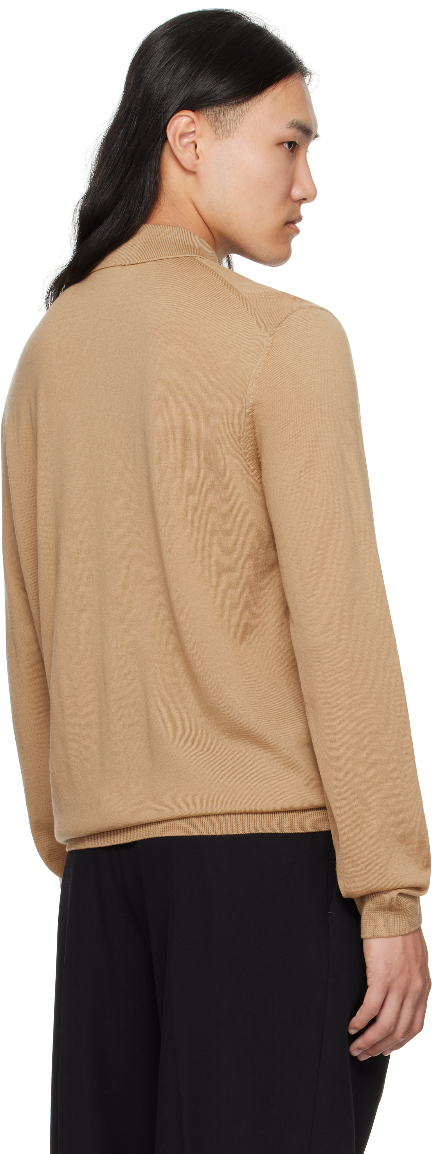 Hugo Boss Tan Long-sleeved Virgin Wool Polo In Brown