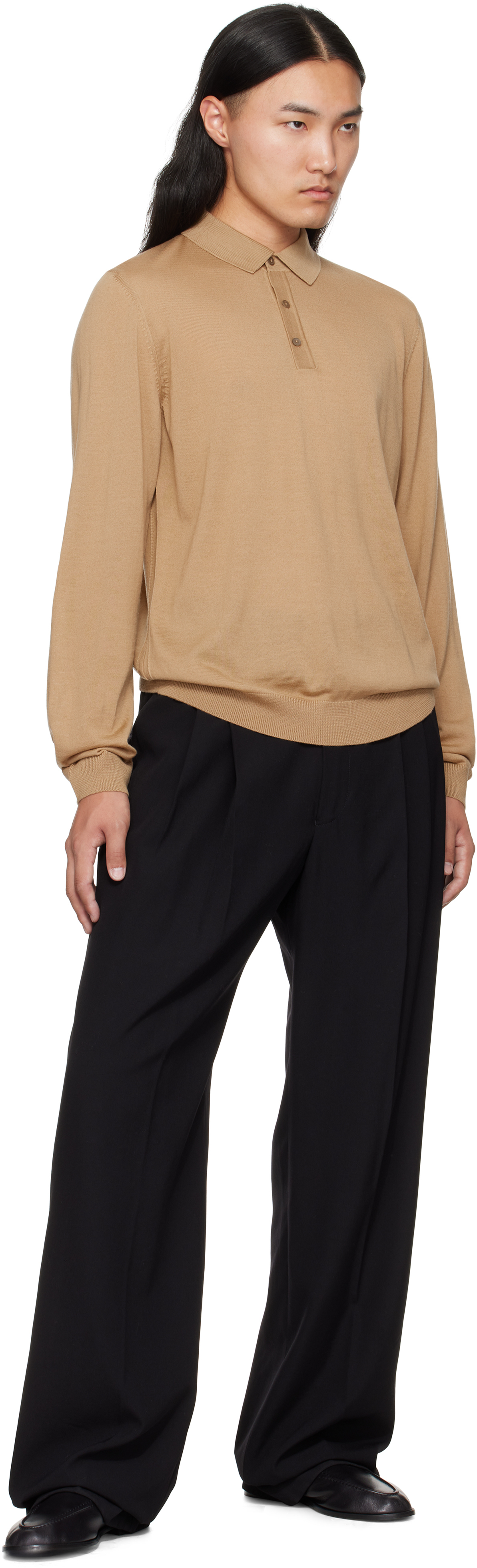 Hugo Boss Tan Long-sleeved Virgin Wool Polo In Brown