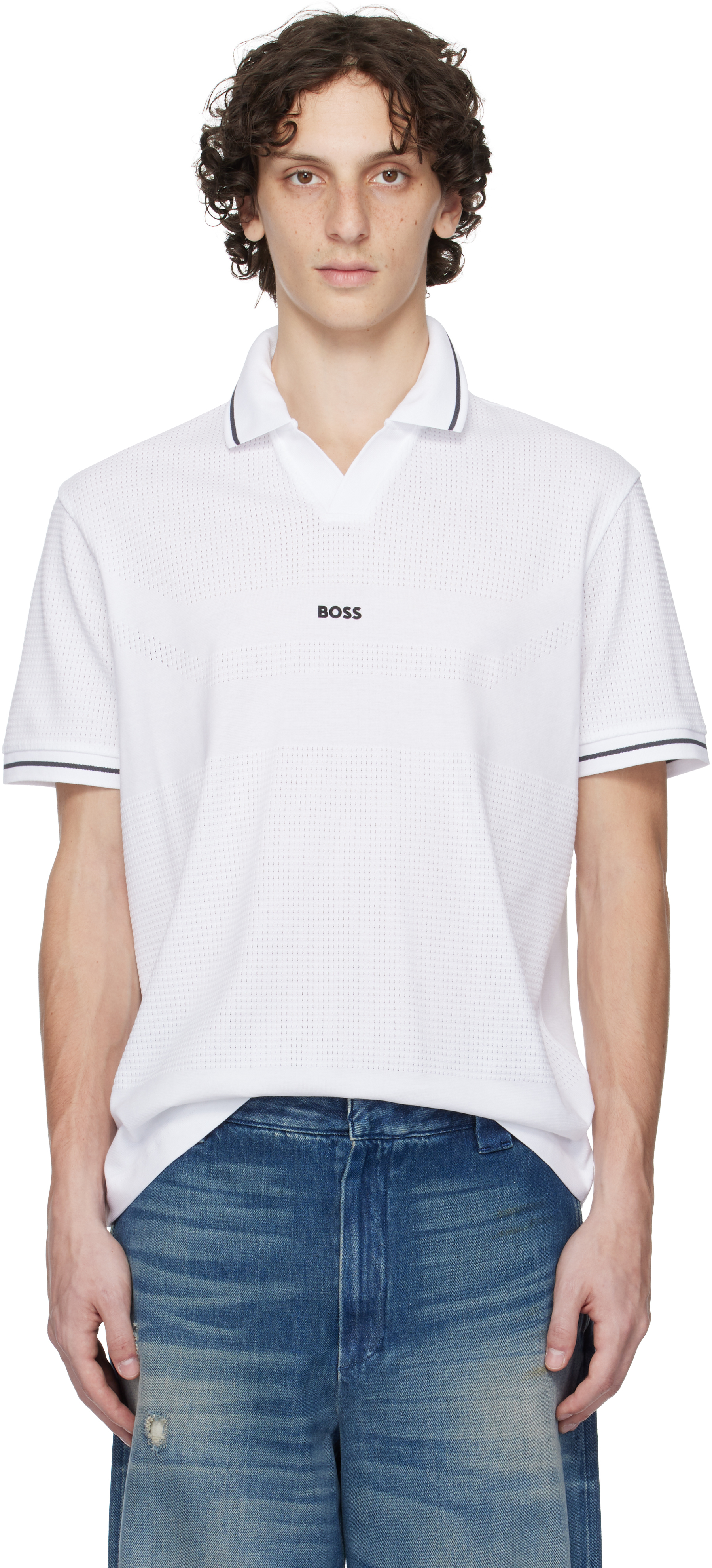 Hugo Boss White Relaxed-fit Cotton Mesh Polo