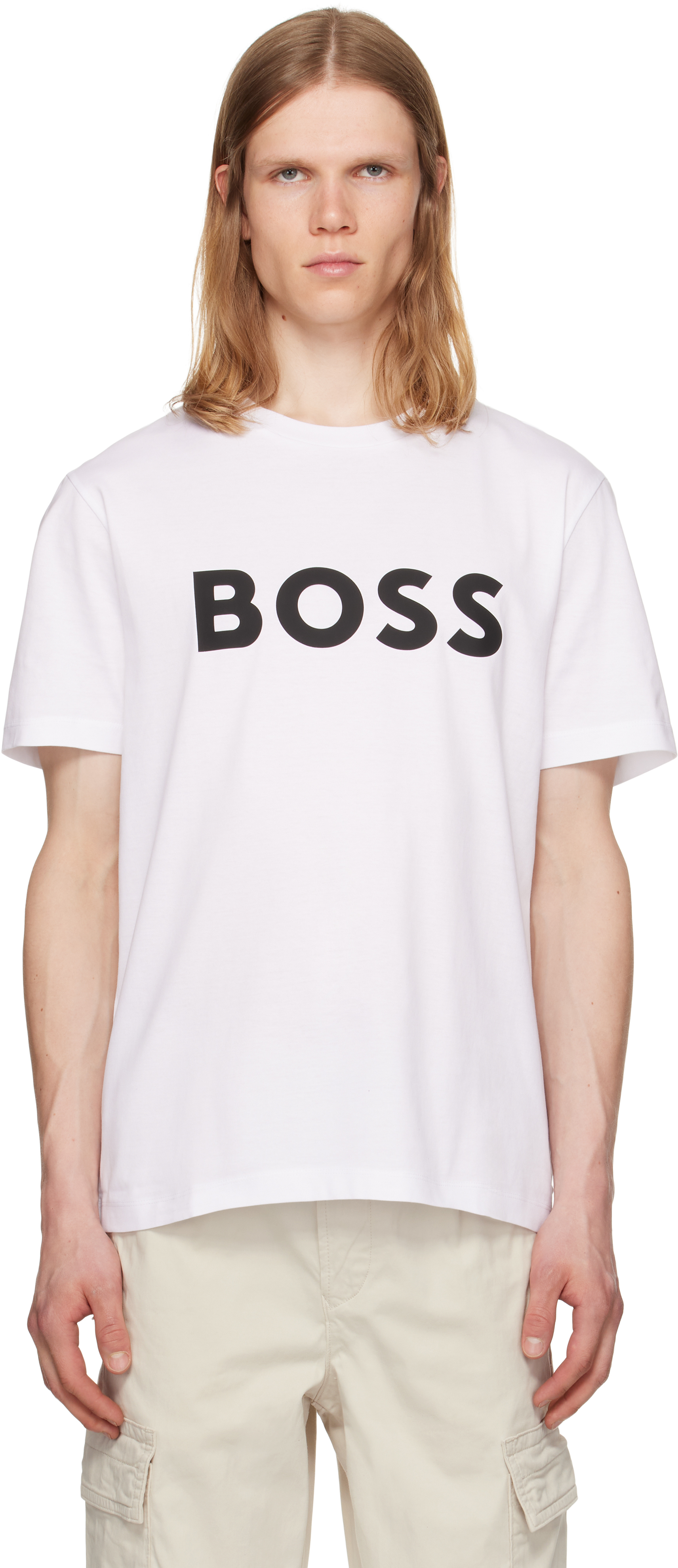 Hugo Boss Cotton-jersey T-shirt With Curved-logo Print In White