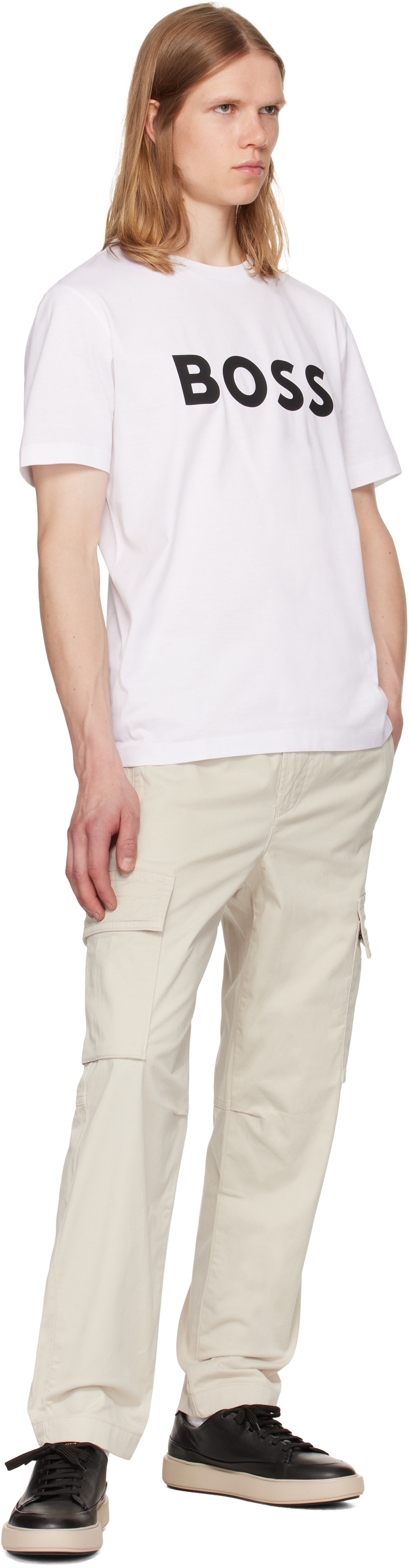Hugo Boss Cotton-jersey T-shirt With Curved-logo Print In White
