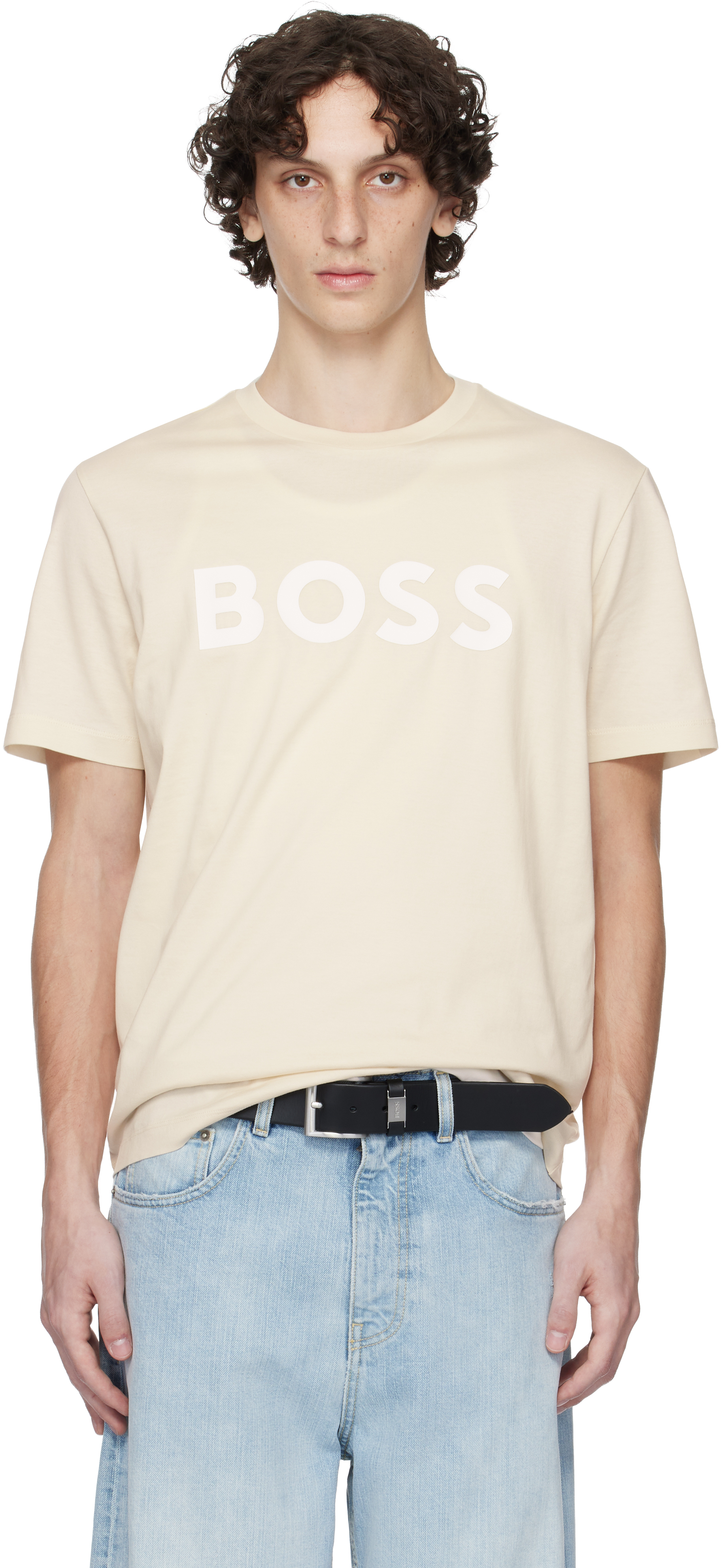 Hugo Boss Beige Cotton-jersey Logo Print T-shirt