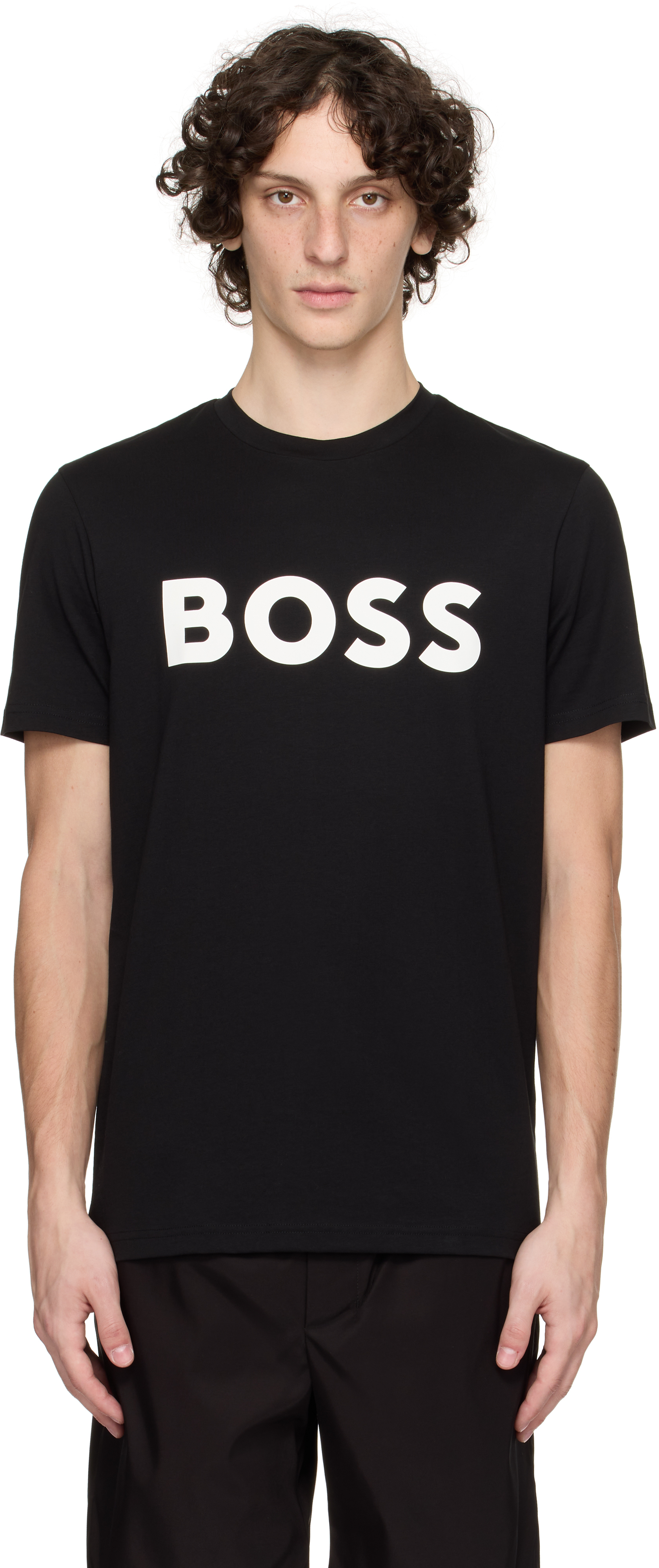BOSS: ブラック ロゴプリント Tシャツ | SSENSE 日本