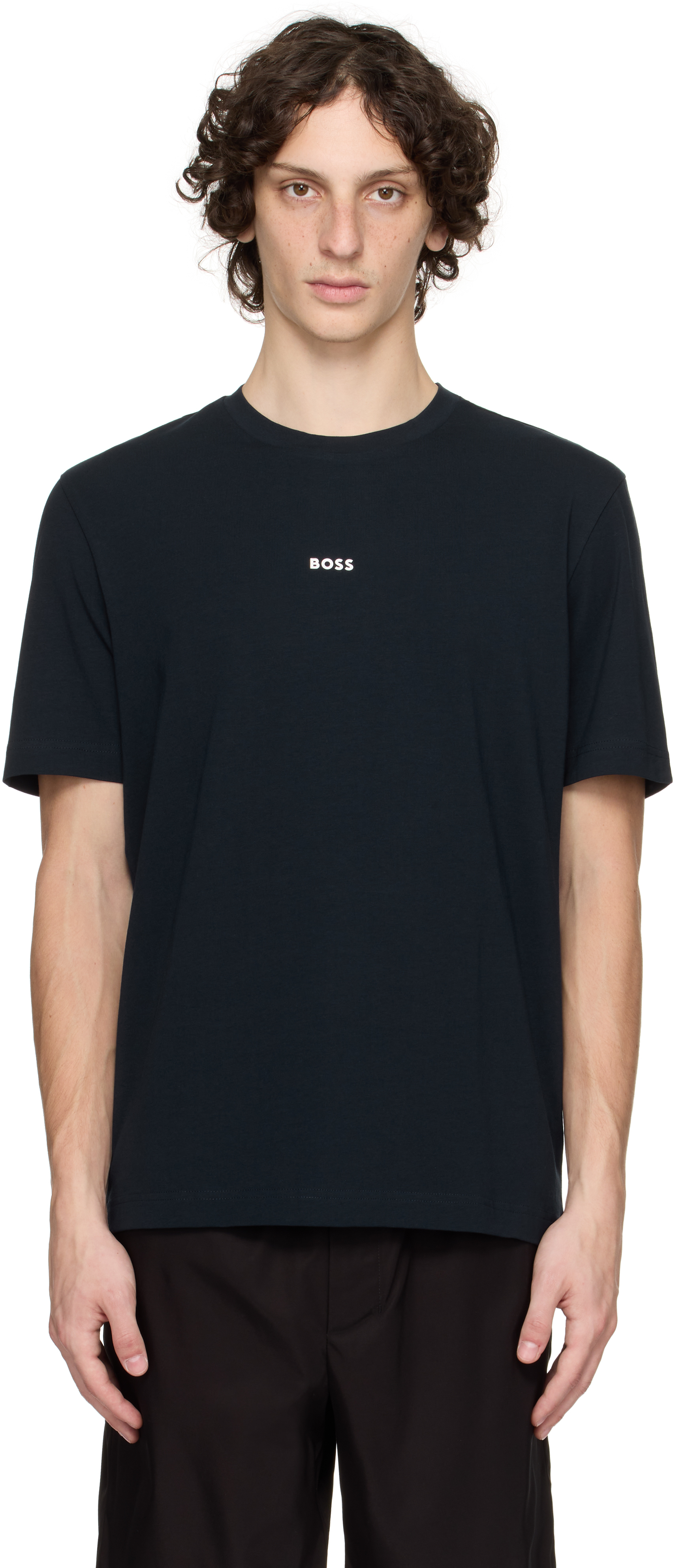 【関税込み】BOSS ネイビー ロゴプリント Tシャツ BOSS: ネイビー リラックスフィット ロゴプリント Tシャツ