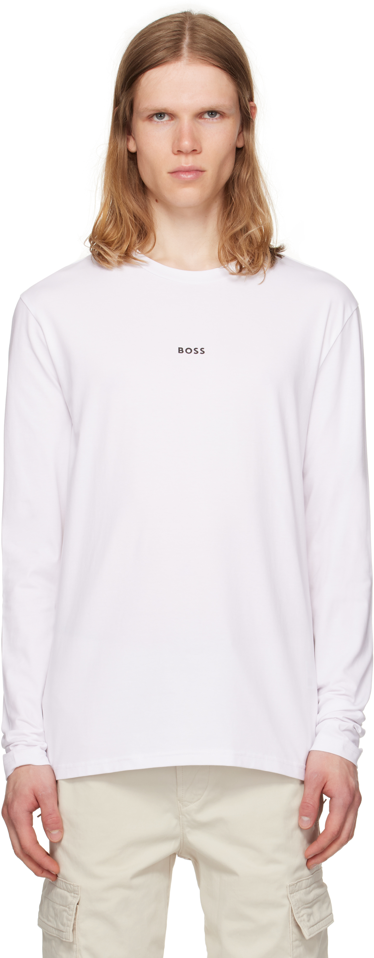Hugo Boss White Long-sleeved Stretch Cotton Logo Print T-shirt In White