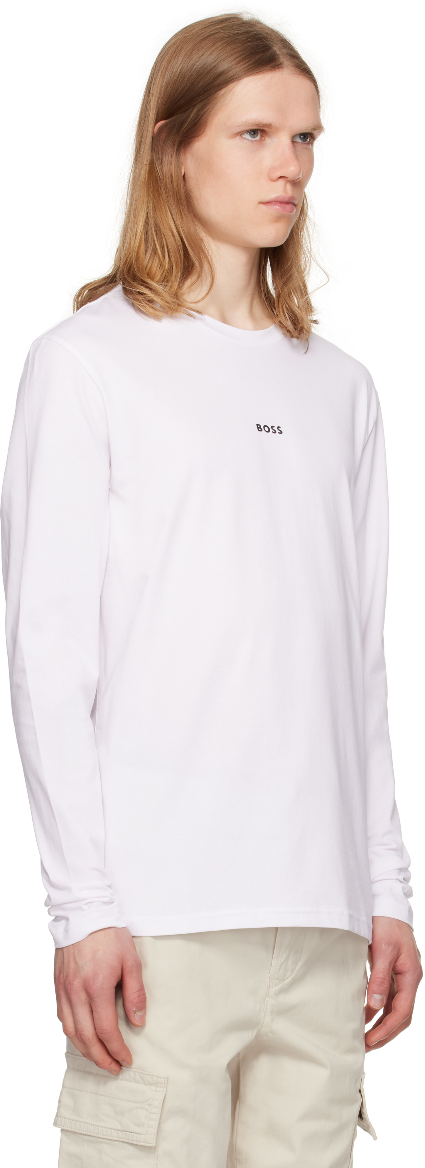 Hugo Boss White Long-sleeved Stretch Cotton Logo Print T-shirt In White