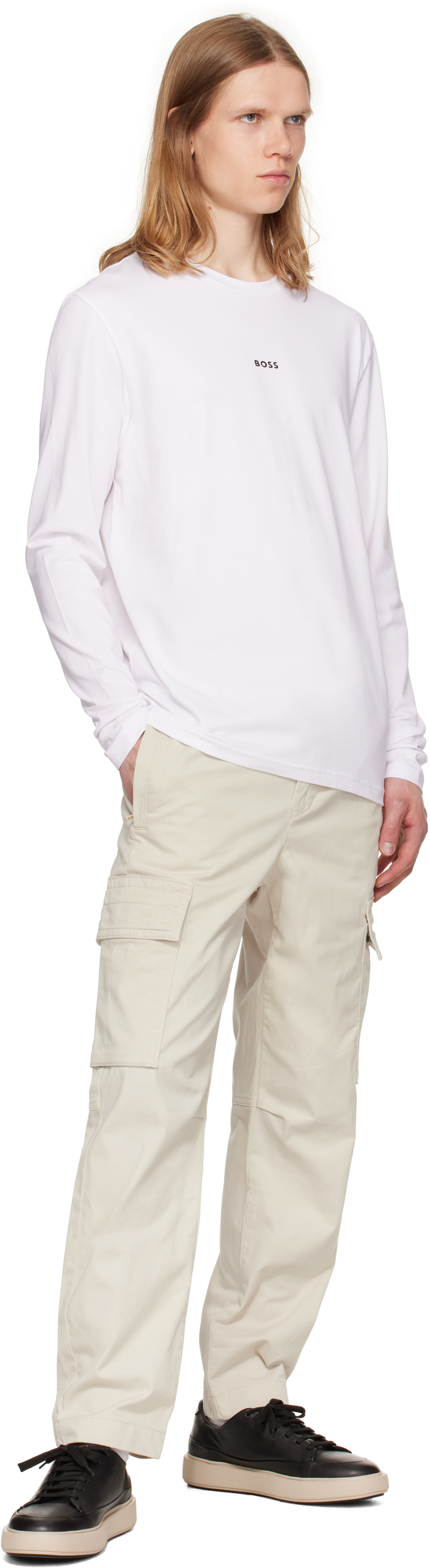 Hugo Boss White Long-sleeved Stretch Cotton Logo Print T-shirt In White