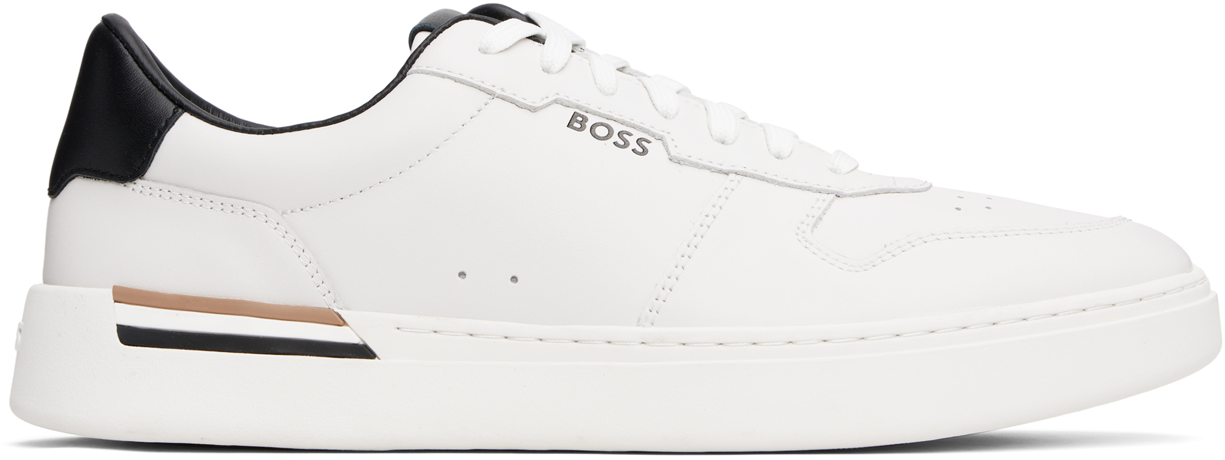 【関税込み】BOSS ホワイト Signature-Stripe レザースニーカー BOSS: ホワイト Signature-Stripe レザースニーカー | SSENSE 日本