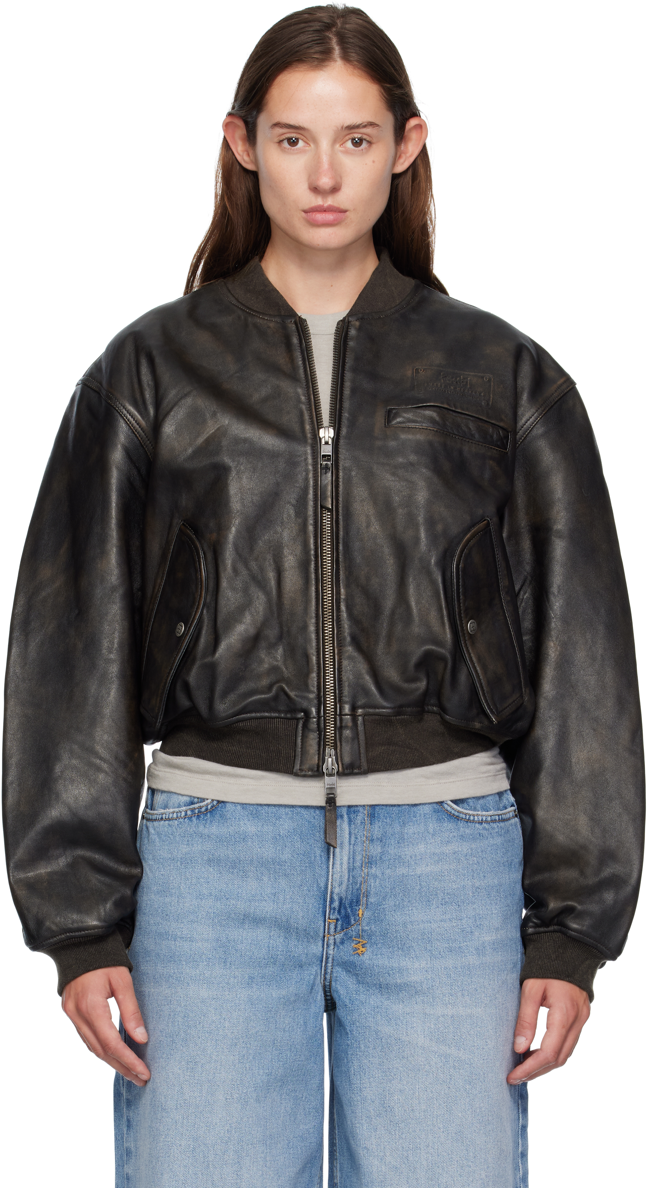 Ksubi Black Alpha Crop Leather Bomber Jacket
