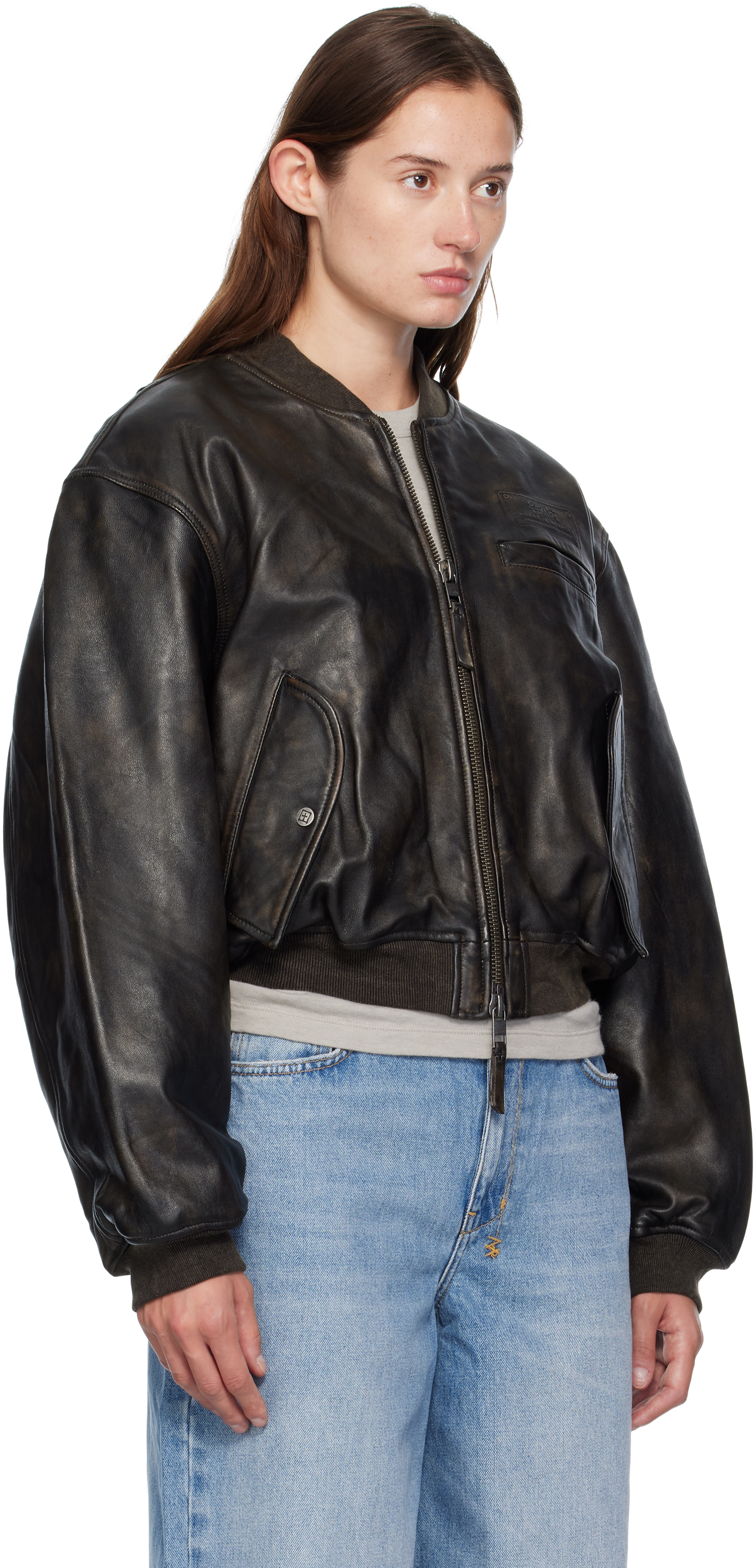 Ksubi Black Alpha Crop Leather Bomber Jacket In Black