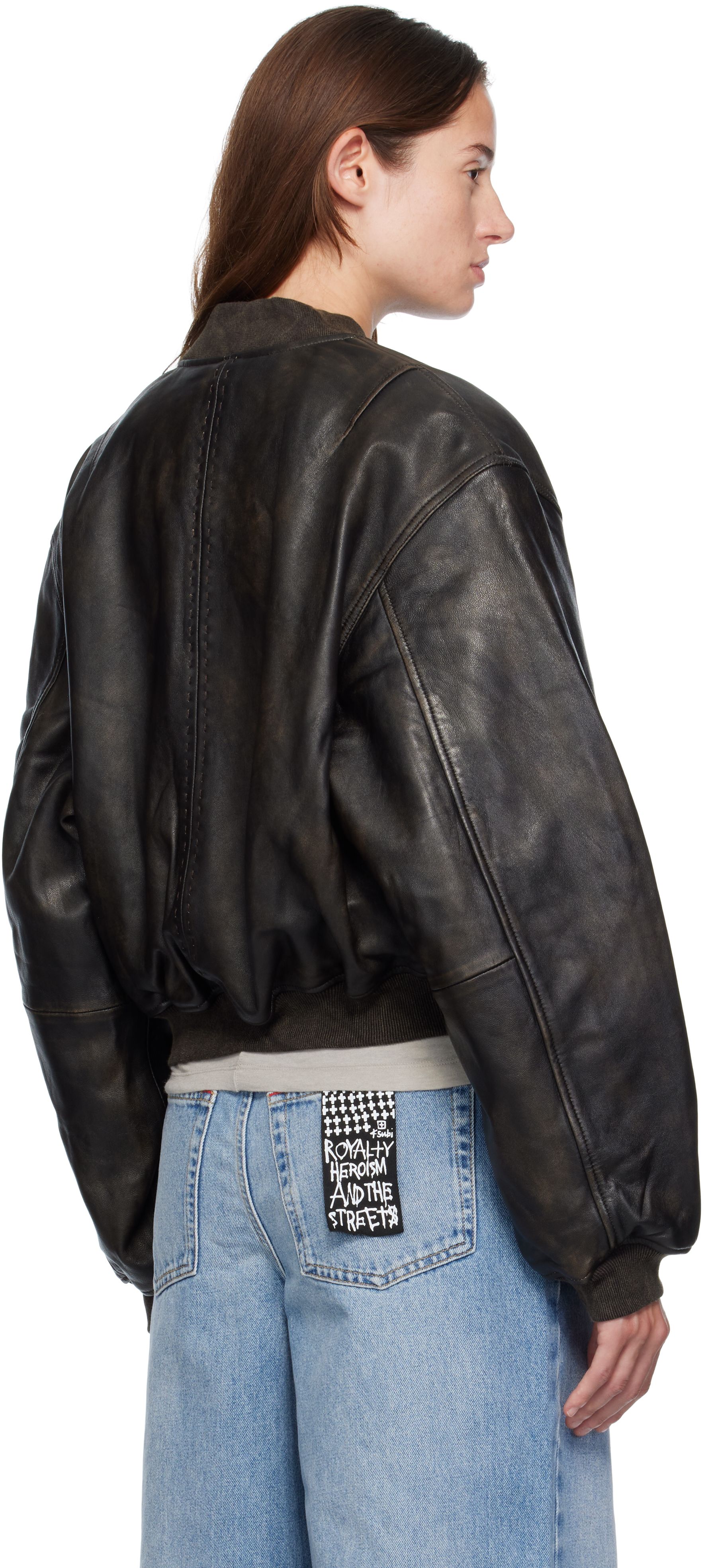 Ksubi Black Alpha Crop Leather Bomber Jacket In Black